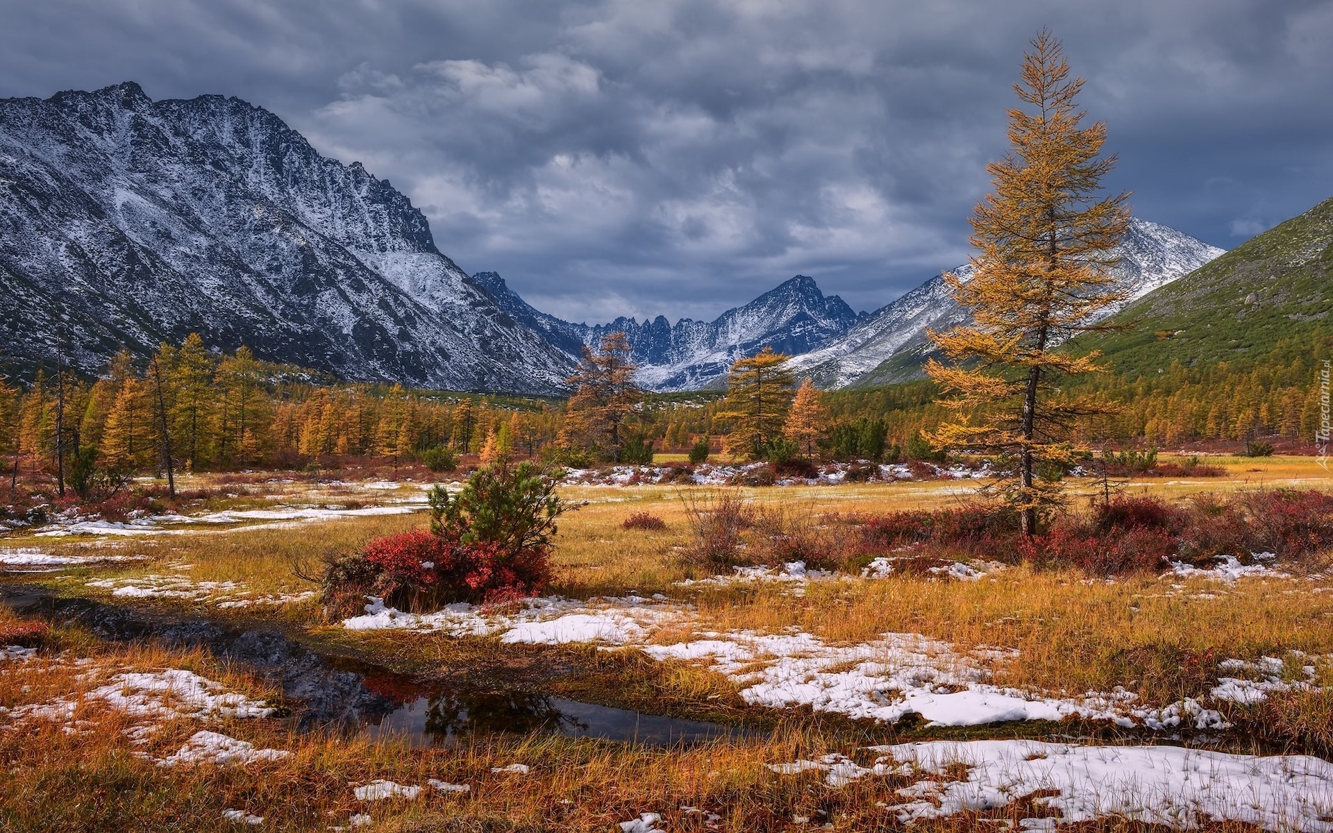 Góry Kołymskie, Jesień, Drzewa, Śnieg, Chmury, Kołyma, Rosja