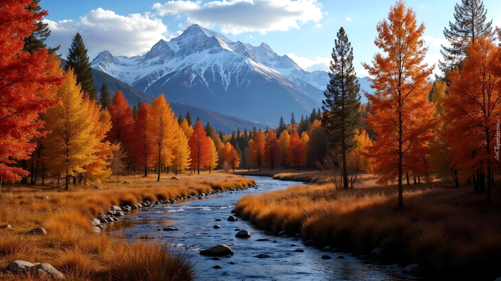 Jesień, Drzewa, Rzeka, Góry, Szczyty, Ośnieżone, Śnieg