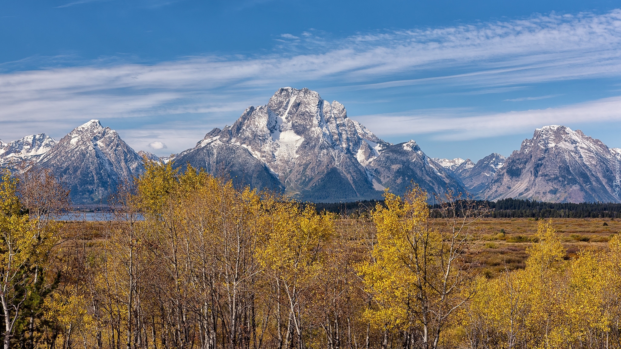 Jesień, Drzewa, Góry, Teton Range, Góra, Mount Woodring, Park Narodowy Grand Teton, Wyoming, Stany Zjednoczone