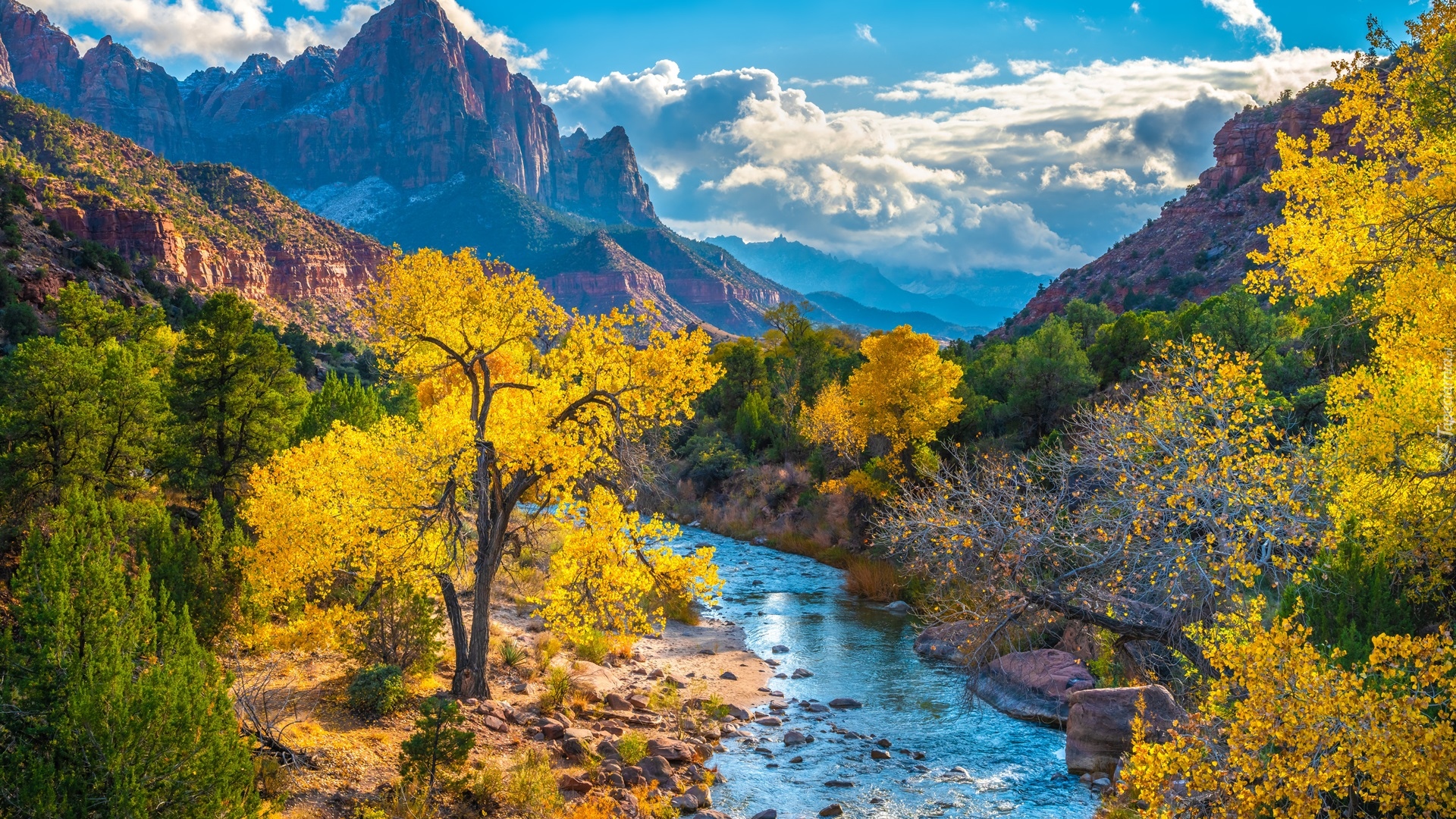 Jesień, Góry, Góra Watchman, Rzeka, Virgin River, Drzewa, Chmury, Park Narodowy Zion, Utah, Stany Zjednoczone