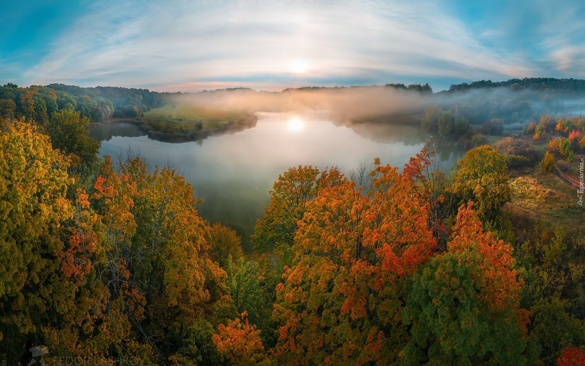 Jezioro, Las, Drzewa, Jesień, Mgła