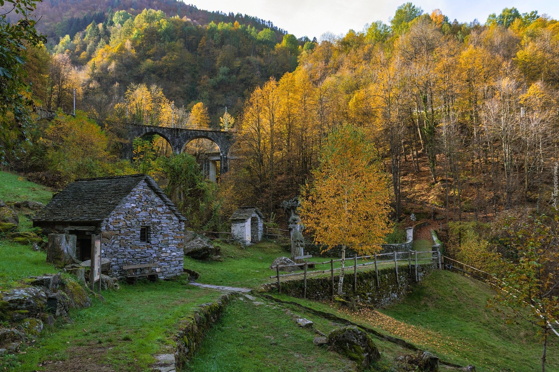 Jesień, Drzewa, Wiadukt, Dom, Dolina Vigezzo, Włochy