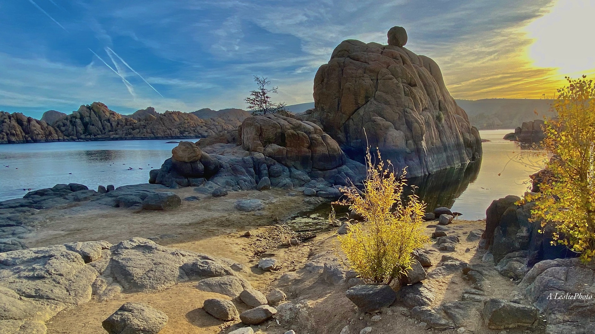 Jezioro, Watson Lake, Skały, Żółte, Krzewy, Prescott, Arizona