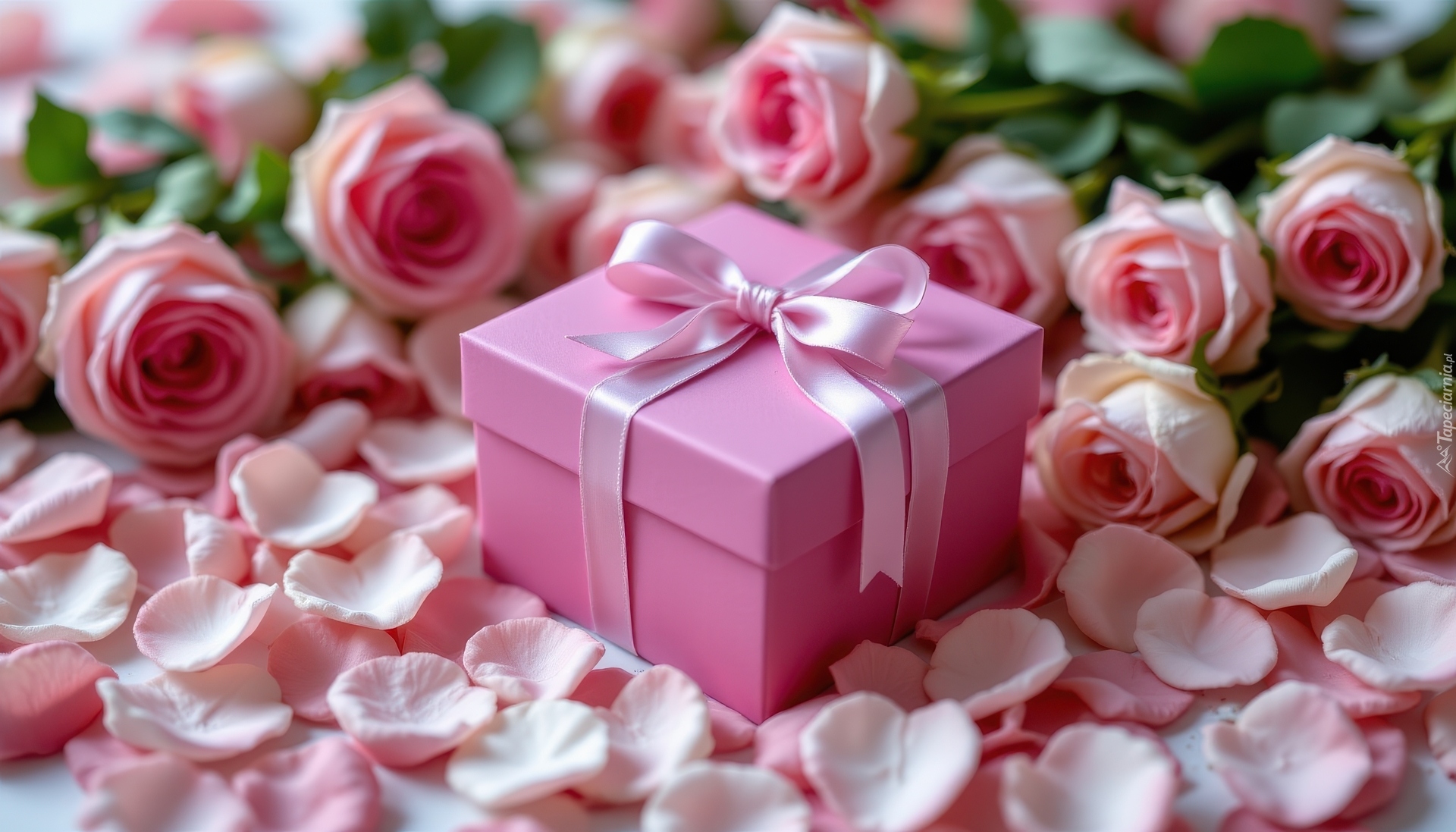 Różowe, Pudełko, Prezent, Kokarda, Róże, Płatki, Kwiaty