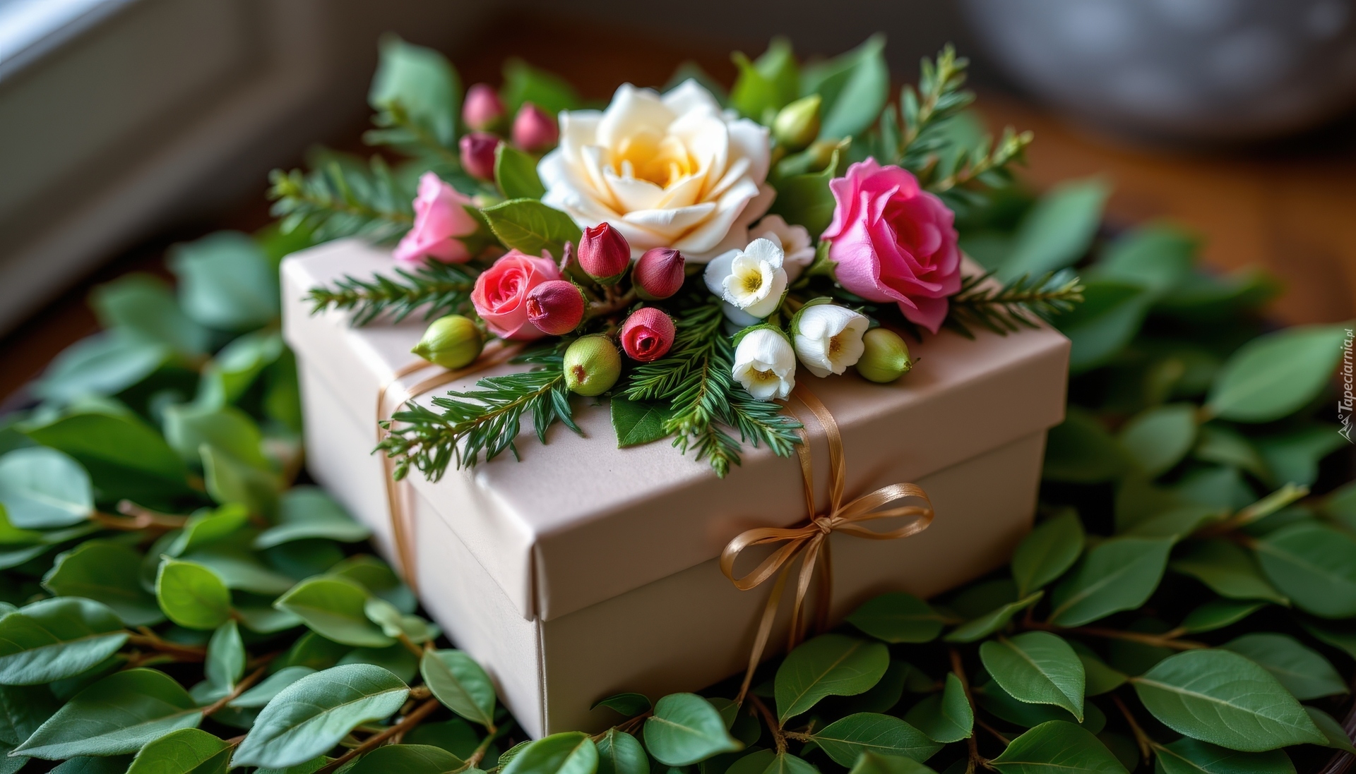 Prezent, Wstążka, Kwiaty, Liście