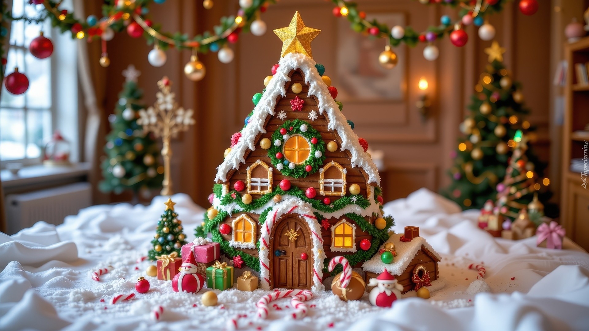 Boże Narodzenie, Piernik, Domek, Choinki, Bombki, Prezenty