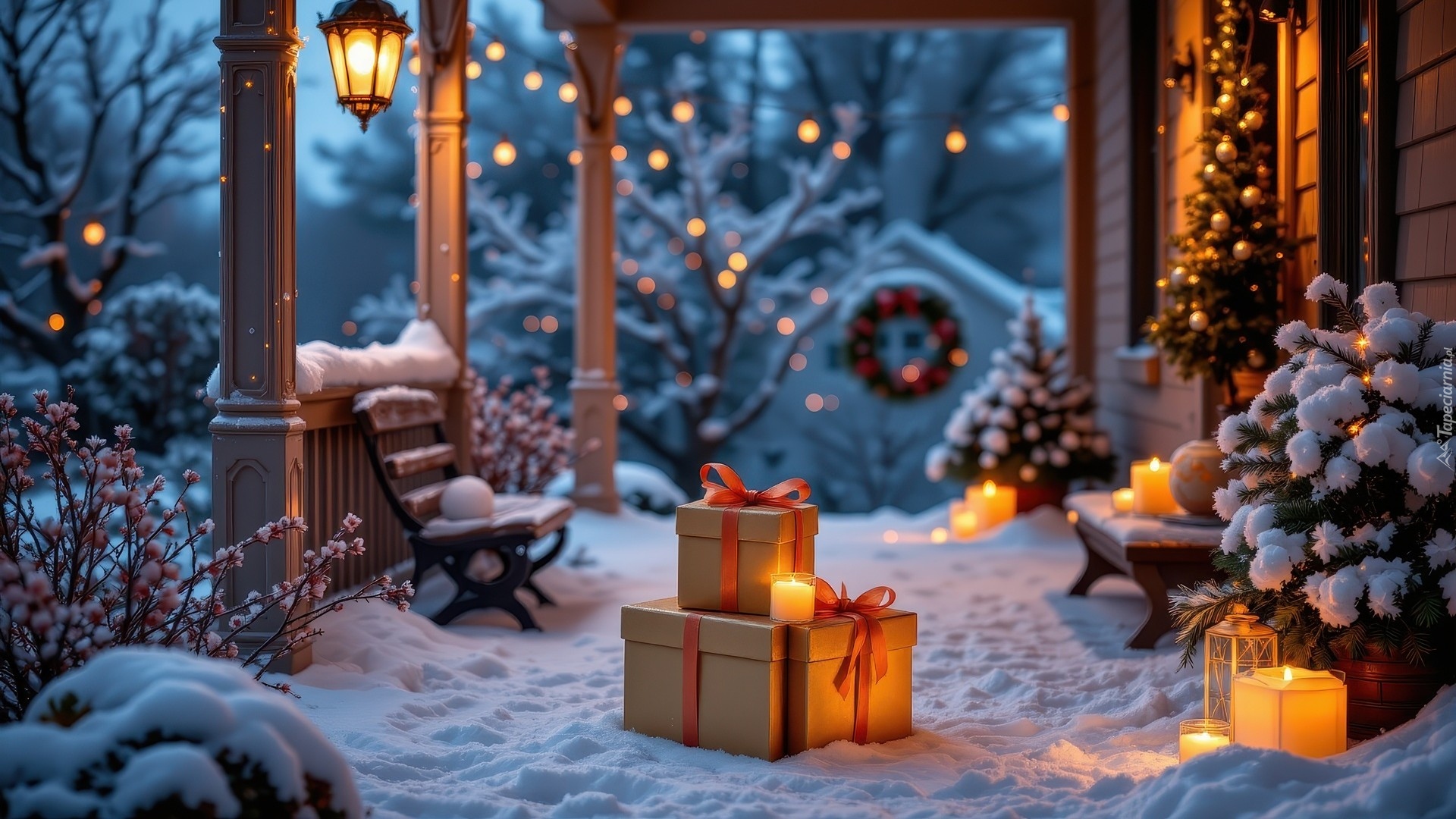 Zima, Śnieg, Ławki, Prezenty, Lampiony, Krzewy, Boże Narodzenie
