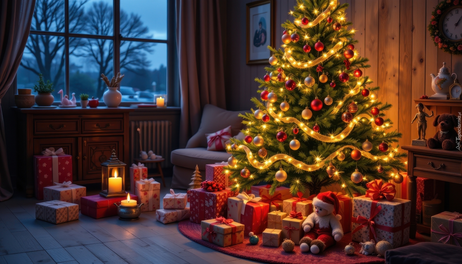 Boże Narodzenie, Salon, Choinka, Okno, Prezenty, Świece