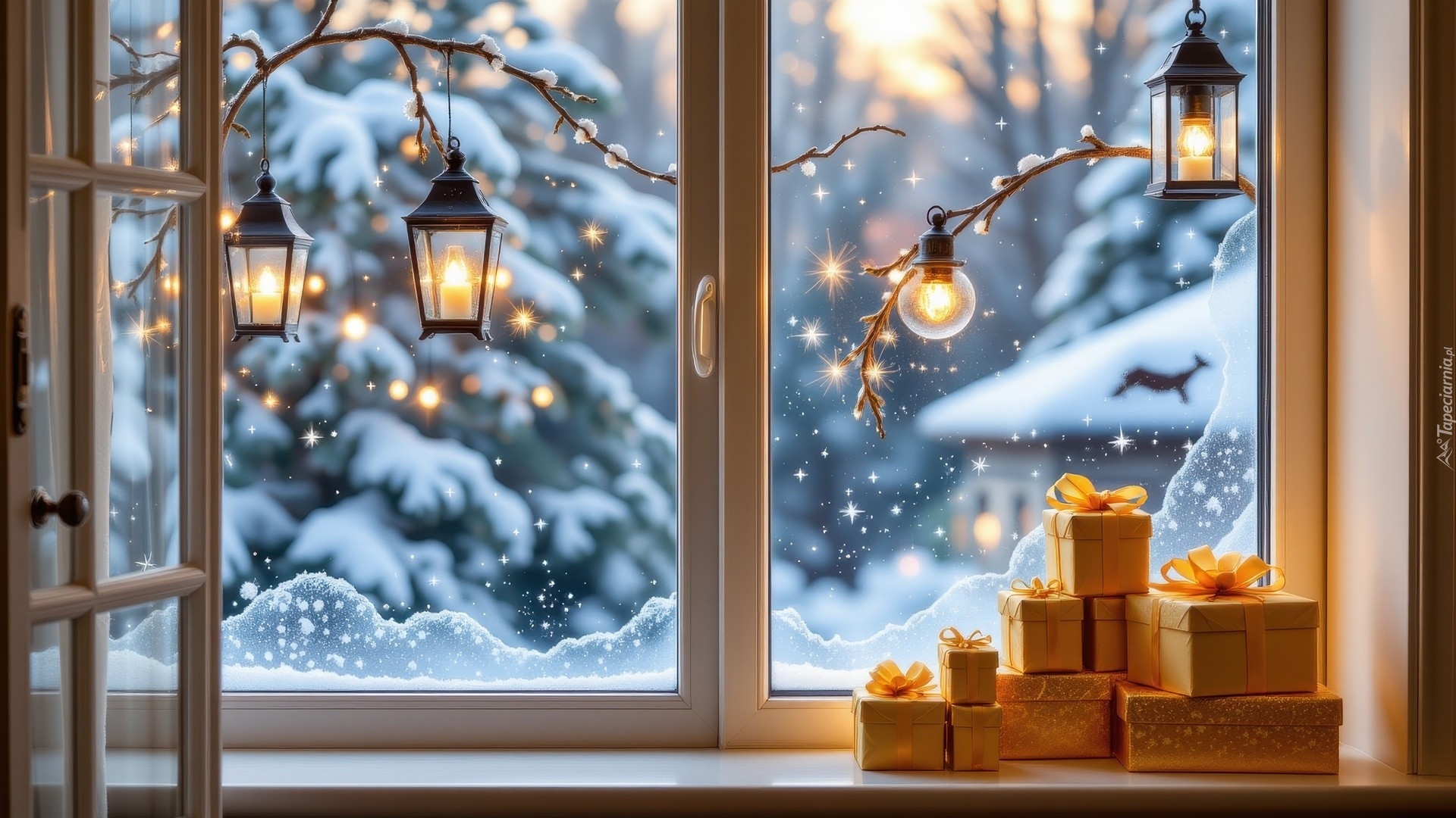 Okno, Zima, Prezenty, Lampiony, Gałązki