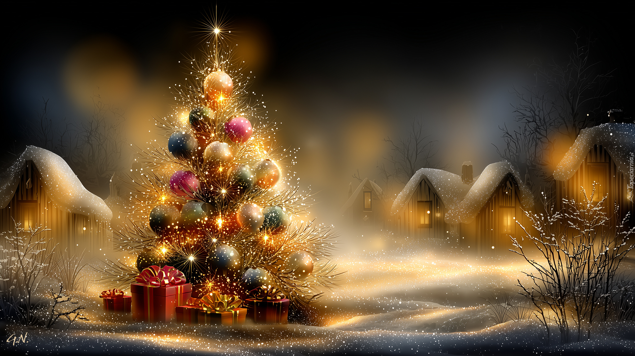 Boże Narodzenie, Choinka, Domy, Zima, Noc, Grafika AI