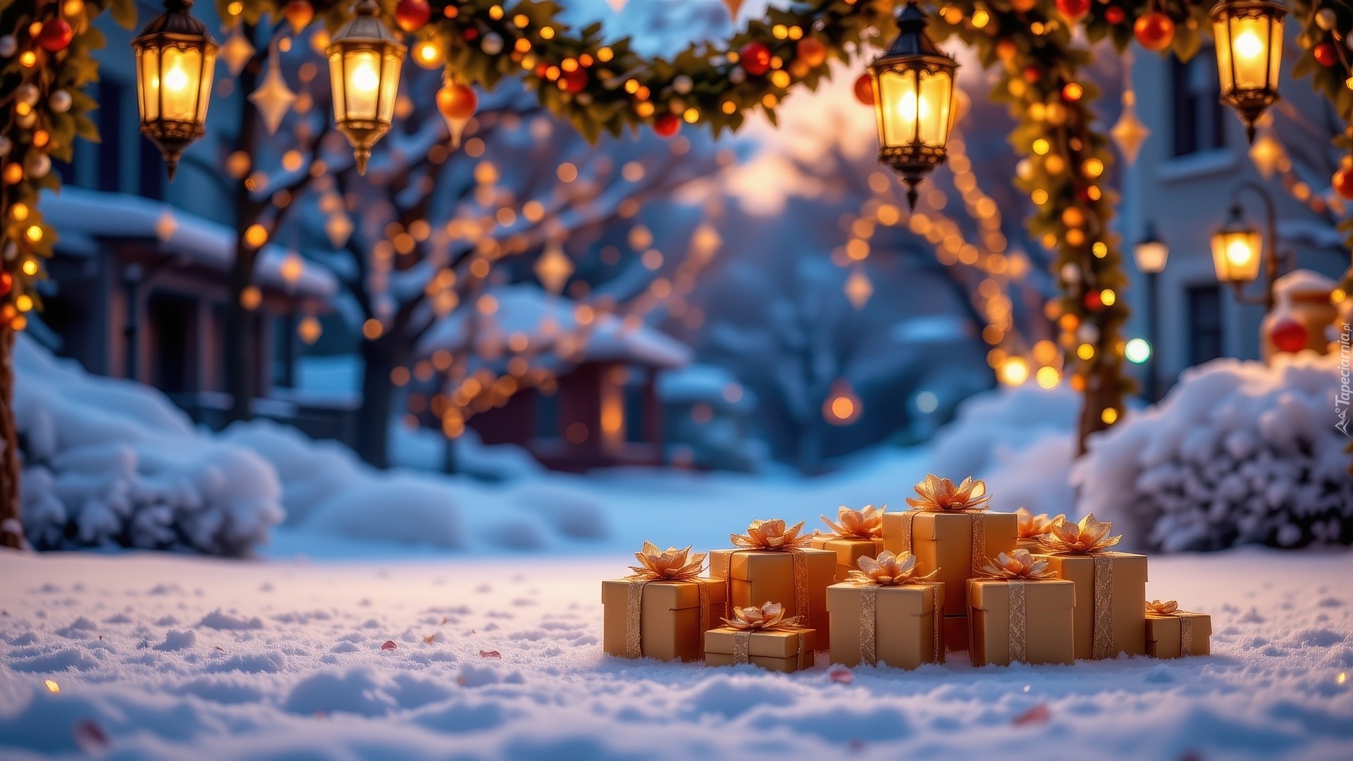 Zima, Śnieg, Prezenty, Lampiony, Girlandy, Świąteczne
