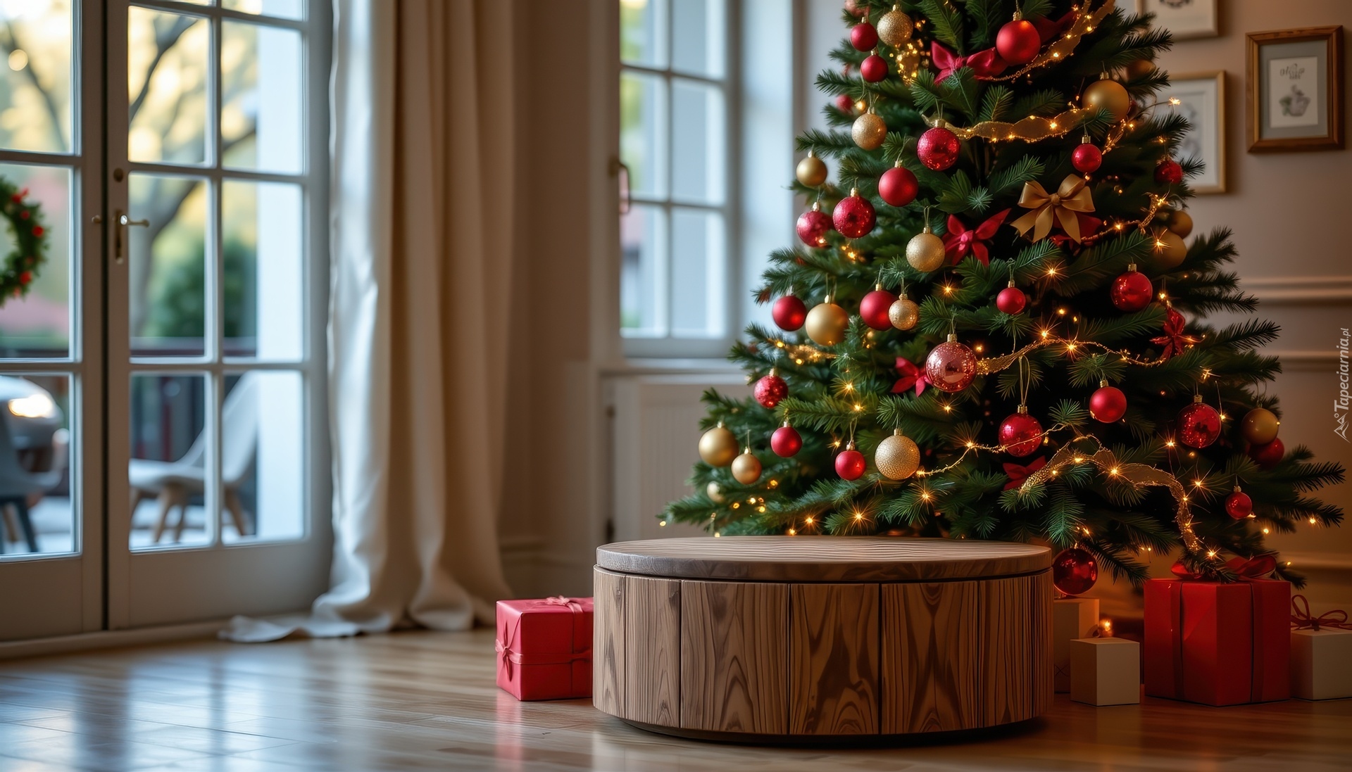 Choinka, Prezenty, Podium, Okno, Boże Narodzenie, Grafika AI