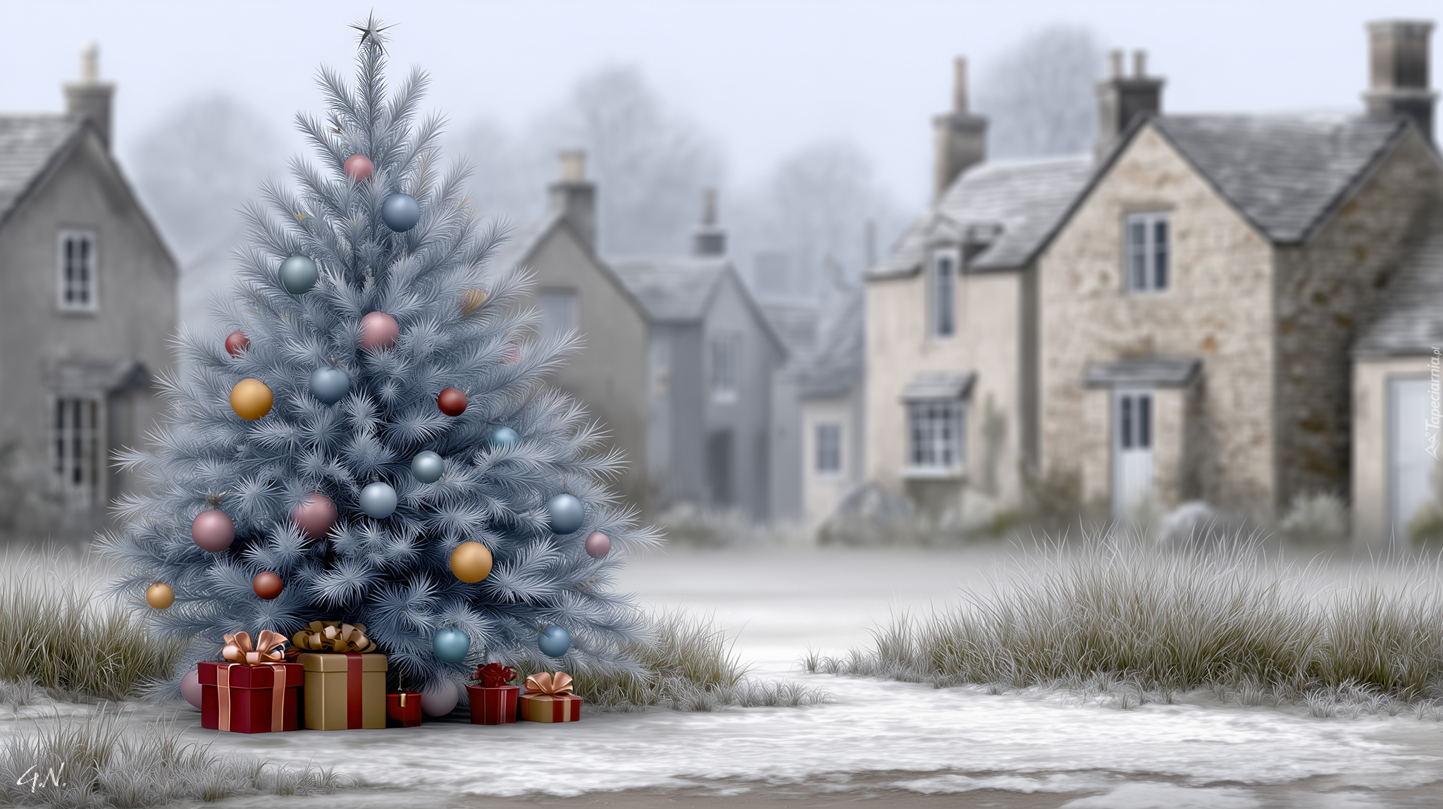 Boże Narodzenie, Choinka, Domy, Prezenty, Grafika AI