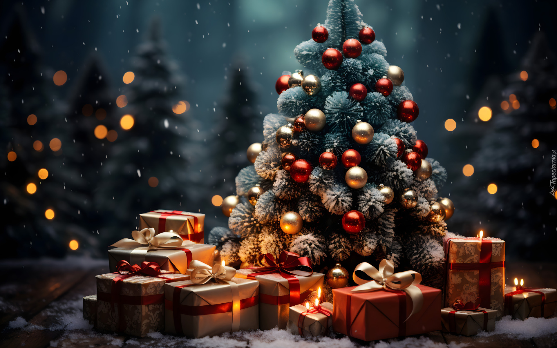 Boże Narodzenie, Prezenty, Kokardy, Choinka, Bombki, Światełka, Śnieg, Noc