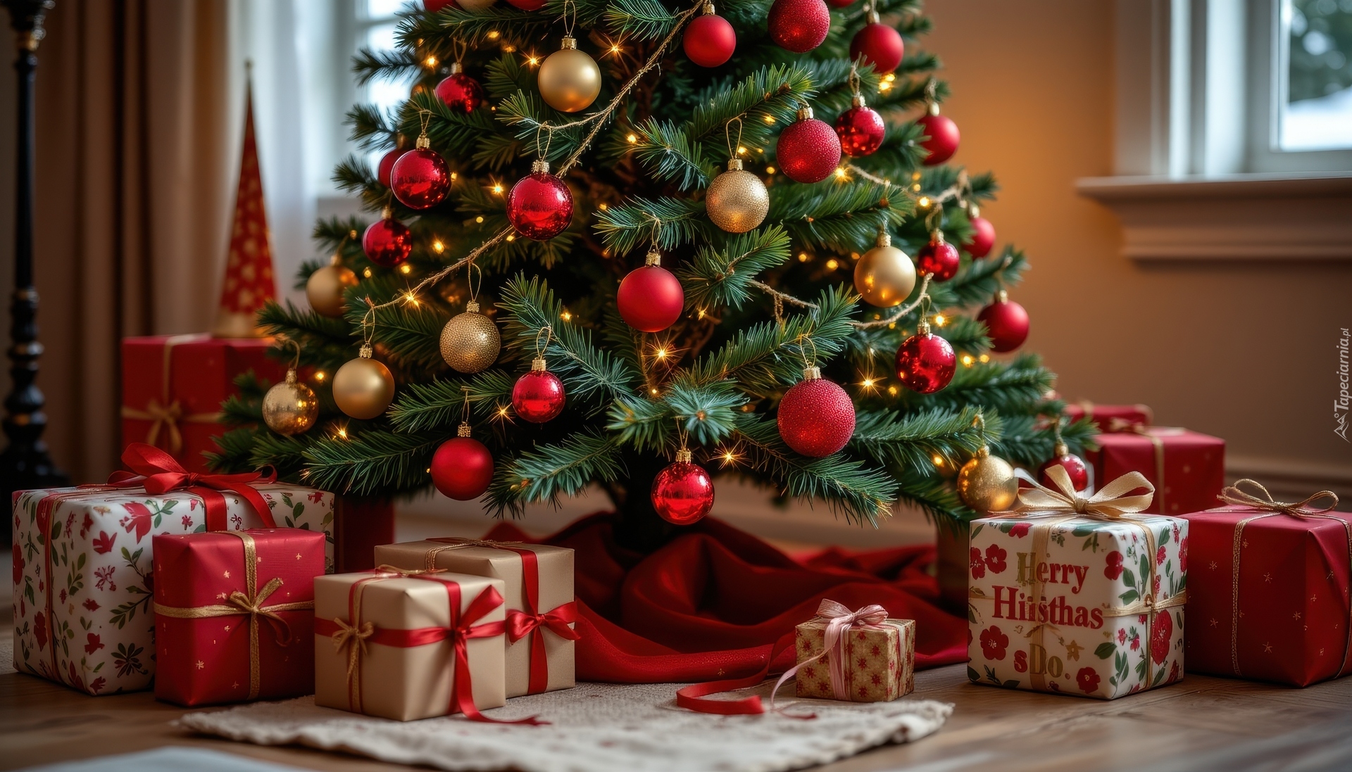 Boże Narodzenie, Choinka, Złote, Czerwone, Bombki, Prezenty