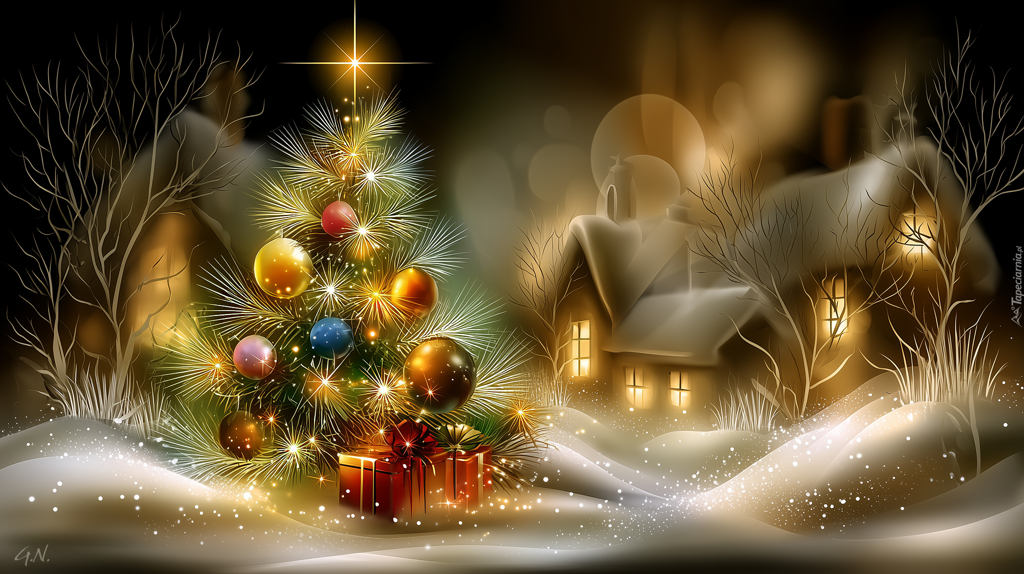 Boże Narodzenie, Choinka, Domy, Śnieg, Noc, Prezenty, Bombki, Grafika AI