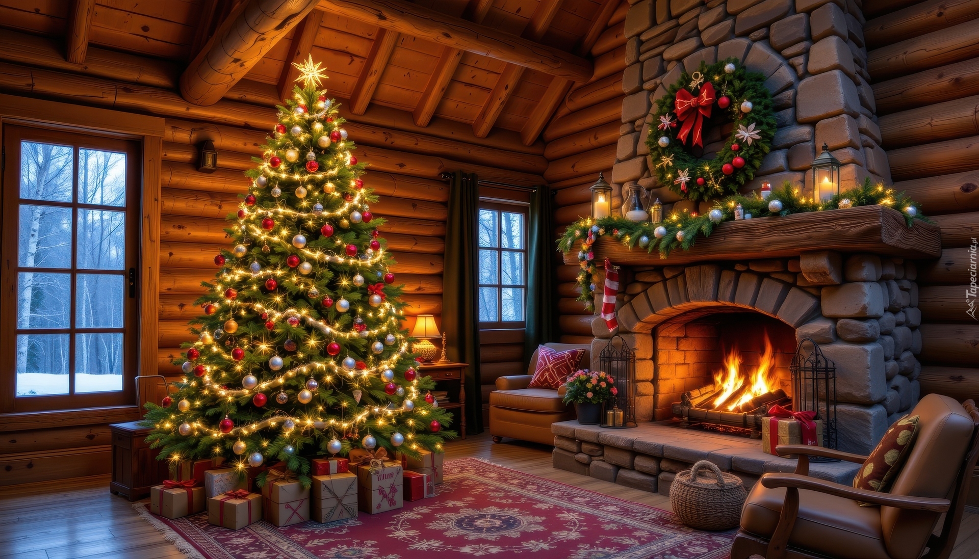 Pokój, Choinka, Prezenty, Kominek, Dekoracja, Wianek, Fotel, Boże Narodzenie