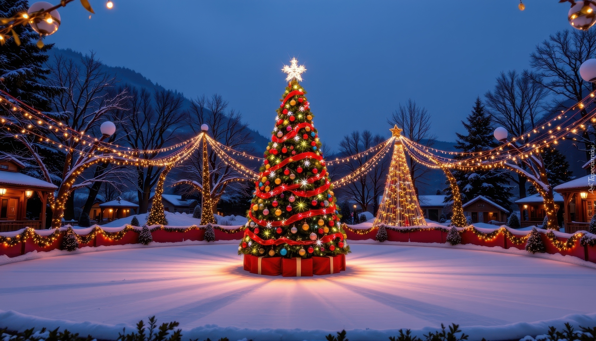 Zima, Choinka, Lodowisko, Światełka, Prezenty, Boże Narodzenie