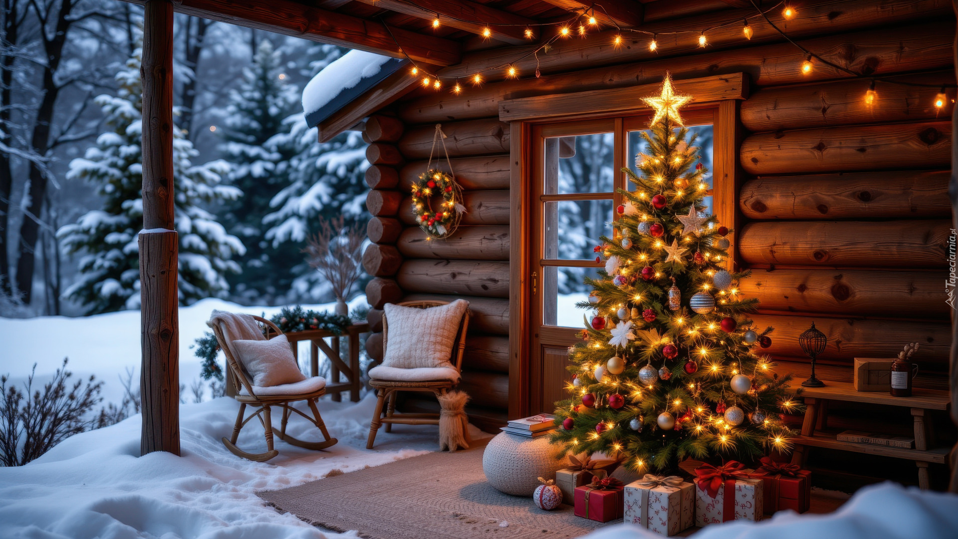 Zima, Śnieg, Dom, Taras, Udekorowana, Choinka, Prezenty, Wieniec, Krzesła, Drzewa, Boże Narodzenie, Grafika AI