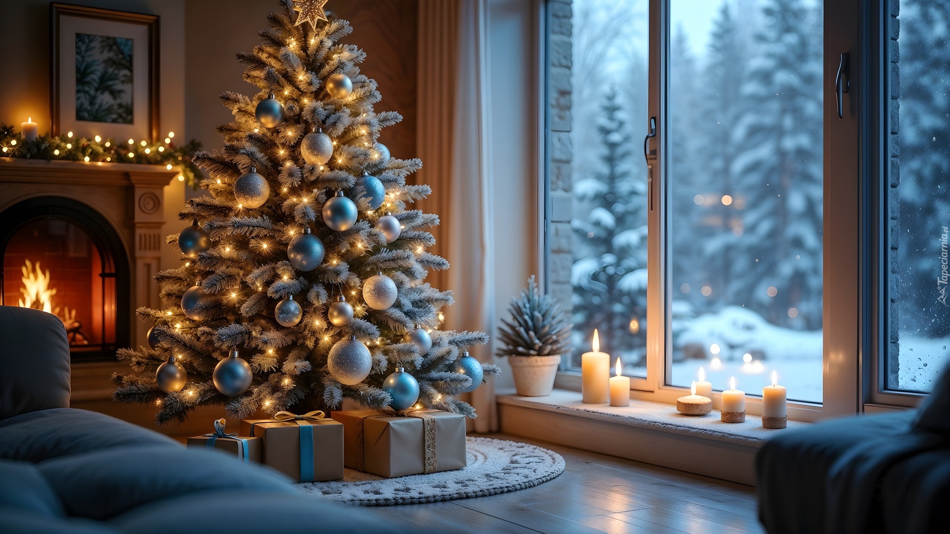 Boże Narodzenie, Prezenty, Choinka, Kominek, Okno