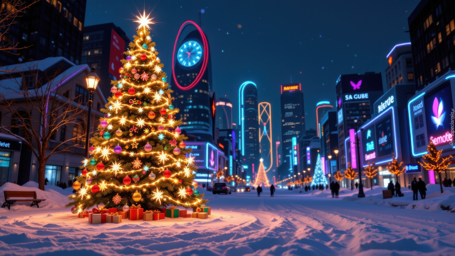 Boże Narodzenie, Choinka, Miasto, Wieżowce, Neony, Zima