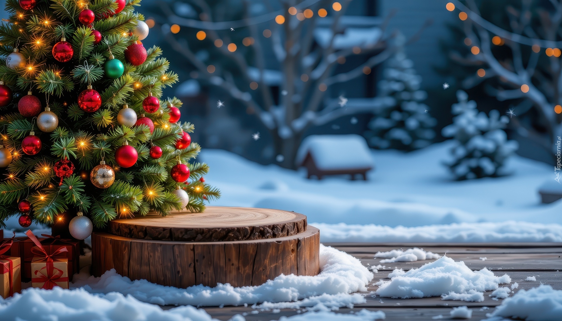 Choinka, Drewno, Śnieg, Boże Narodzenie, Grafika AI