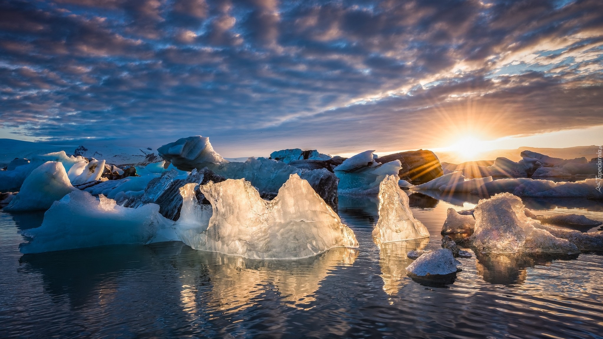 Islandia, Jezioro Jökulsárlón, Lód, Promienie Słońca