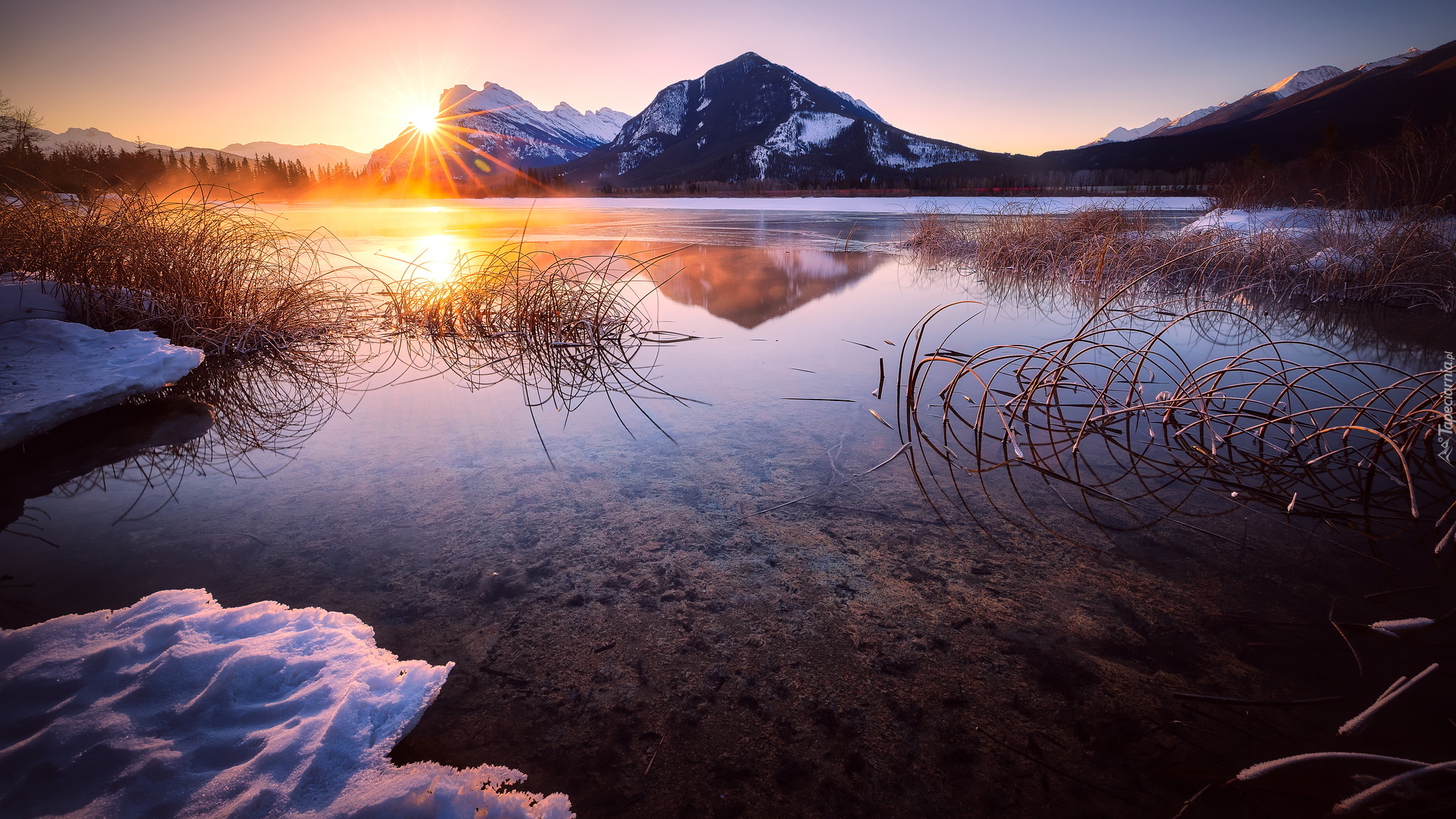 Park Narodowy Banff, Góry, Jezioro Vermilion Lake, Trawy, Zima, Kanada