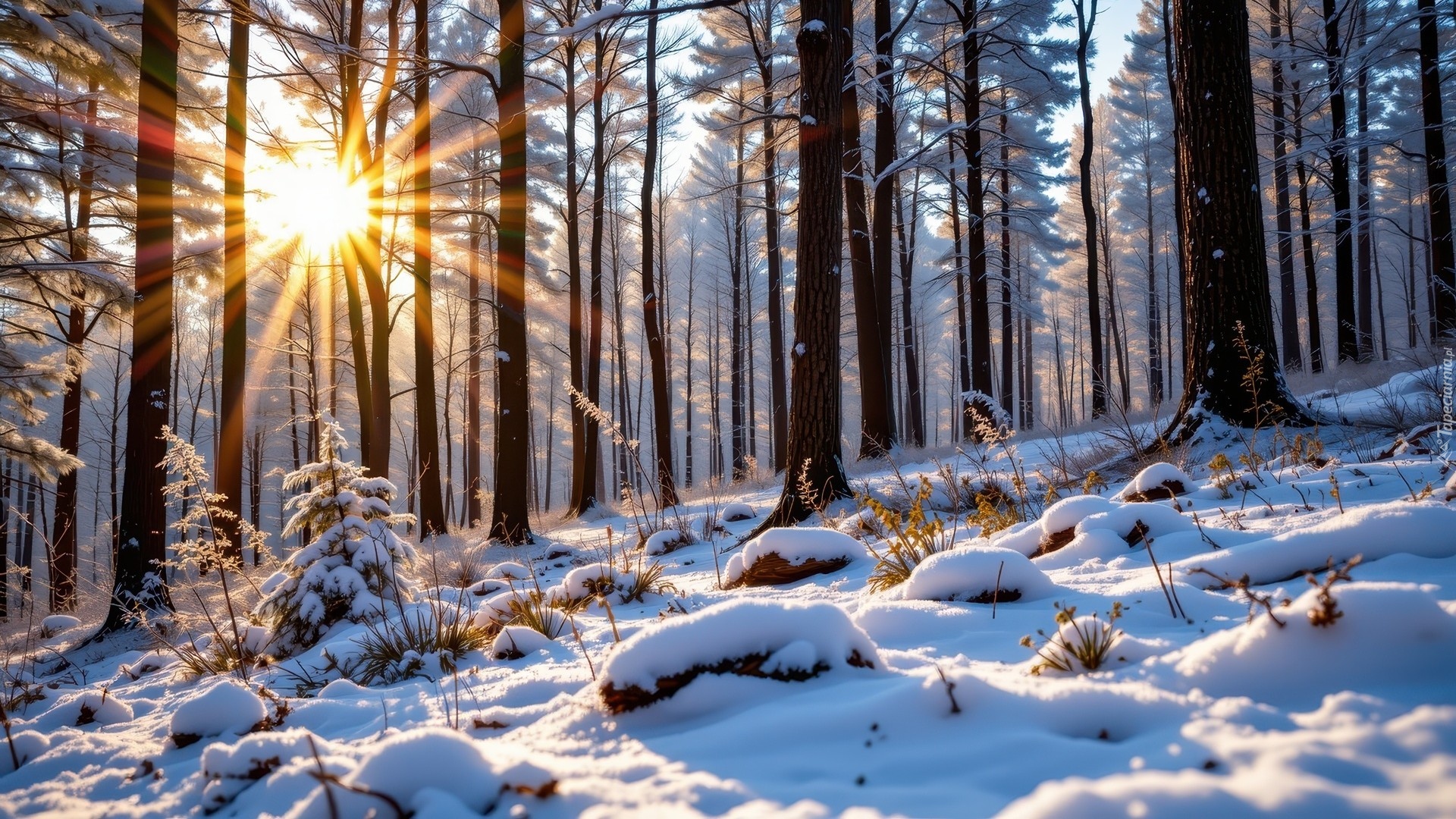 Zima, Las, Promienie słońca, Ośnieżone, Rośliny, Drzewa