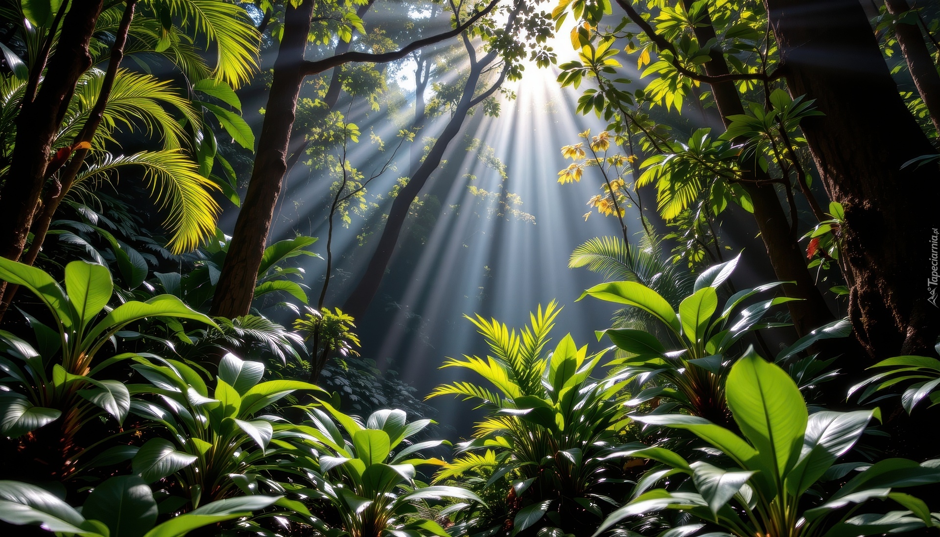 Tropikalny, Las, Rośliny, Przebijające światło, Grafika AI