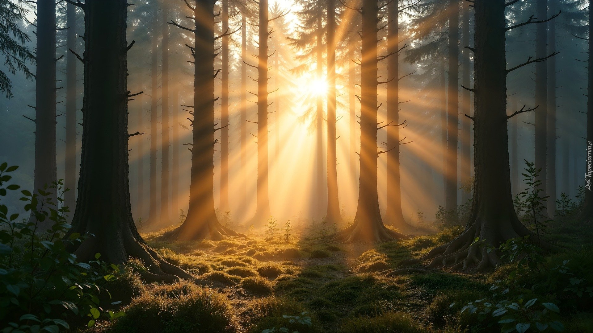 Las, Drzewa, Mgła, Przebijające światło