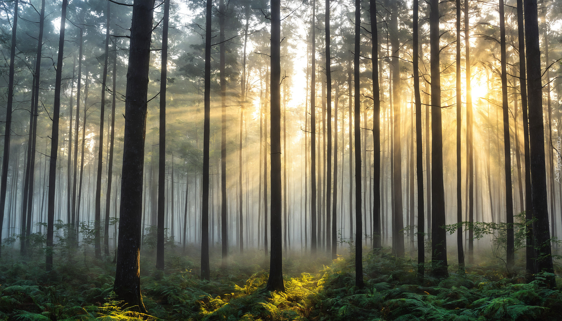 Las, Drzewa, Paprocie, Mgła, Przebijające światło