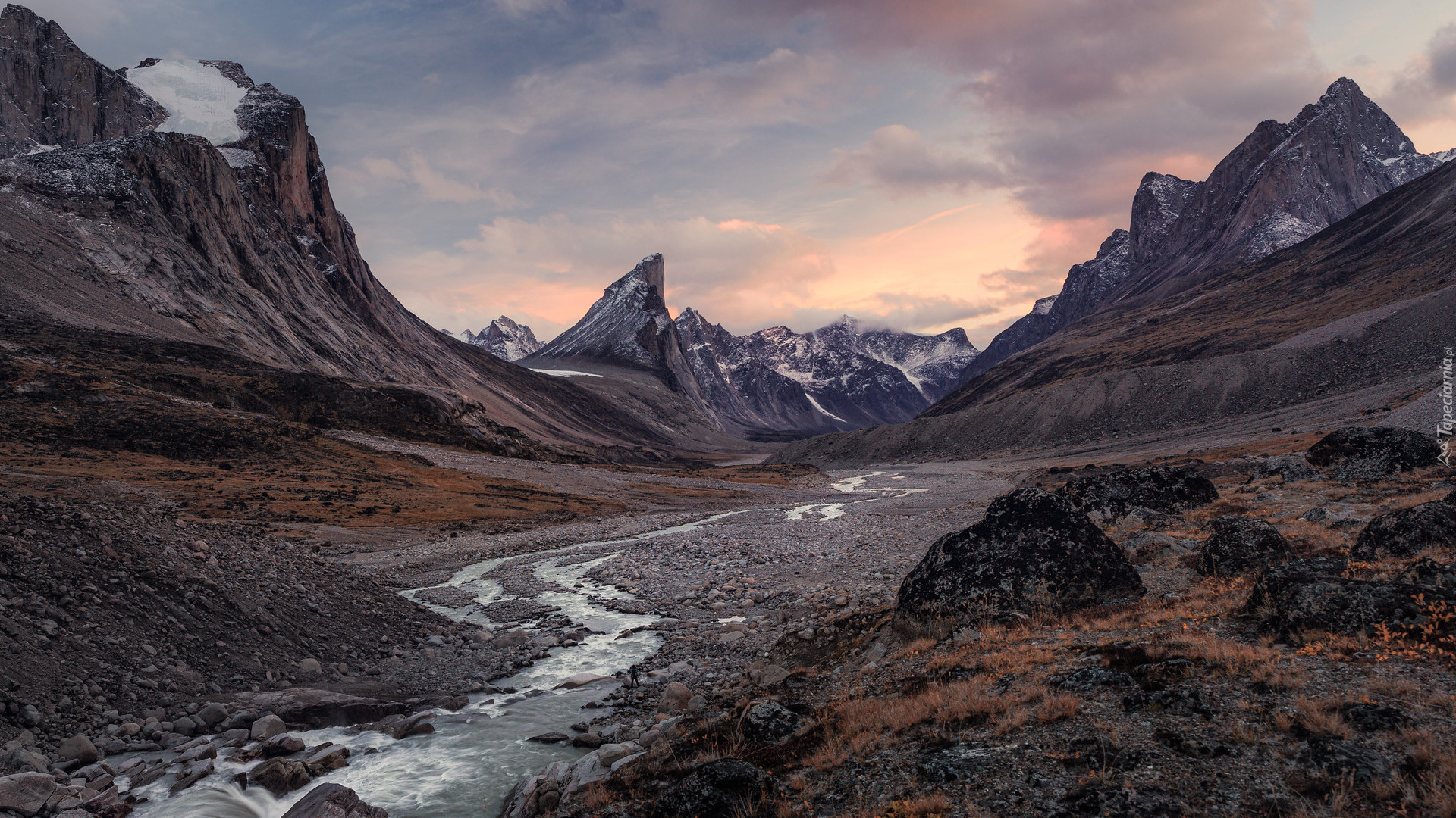 Góry, Skały, Rzeka, Park Narodowy Auyuittuq, Przełęcz, Akshayuk Pass, Nunavut, Kanada