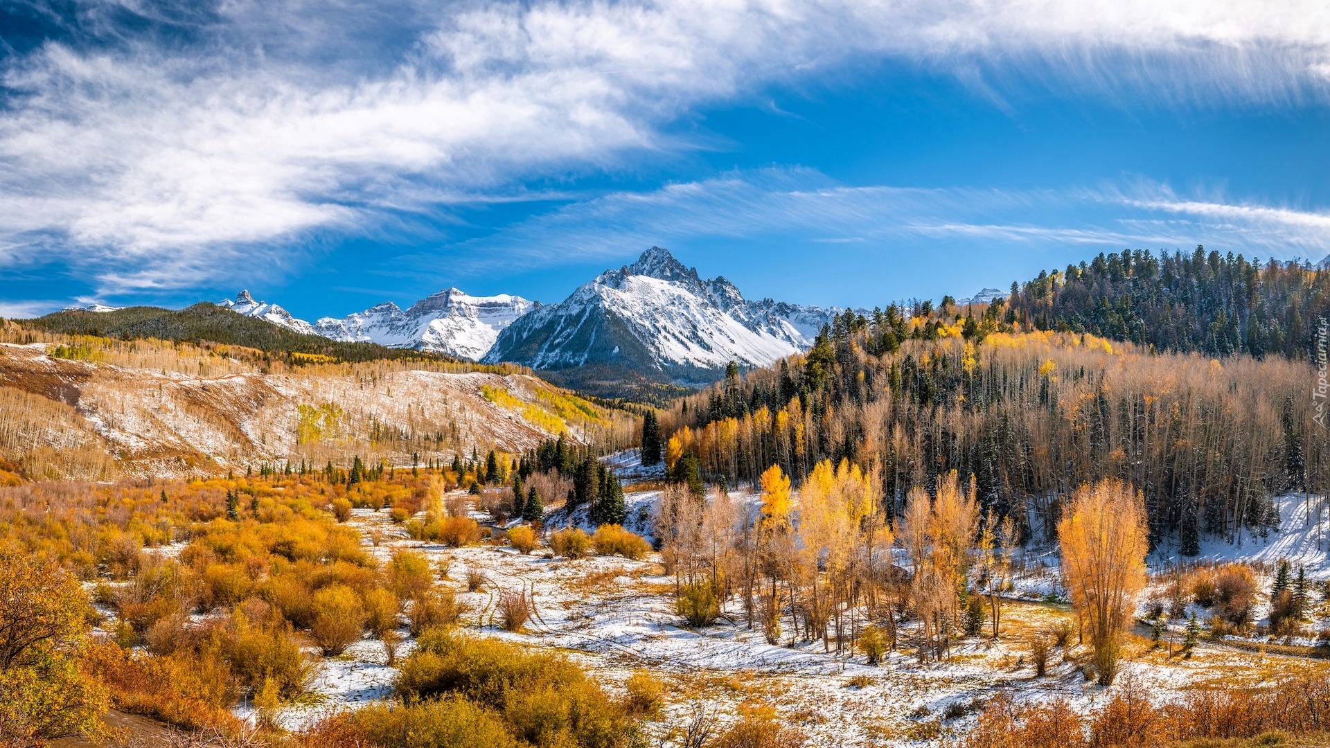 Góry, San Juan Mountains, Góra, Mount Sneffels, Lasy, Drzewa, Śnieg, Przełęcz Dallas Divide, Kolorado, Stany Zjednoczone