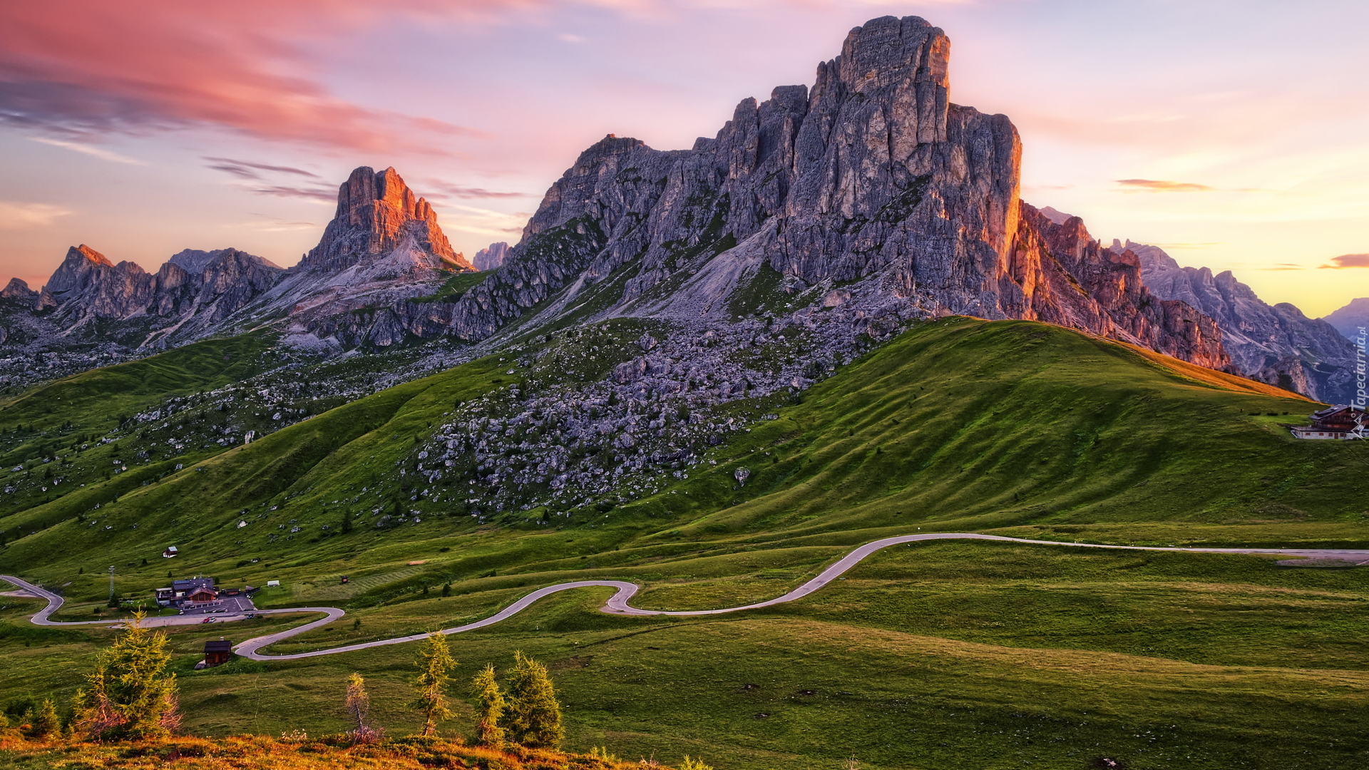 Giau Pass, Góry, Góra Ra Gusela, Dolomity, Kręta, Droga, Łąki, Drzewa, Belluno, Włochy