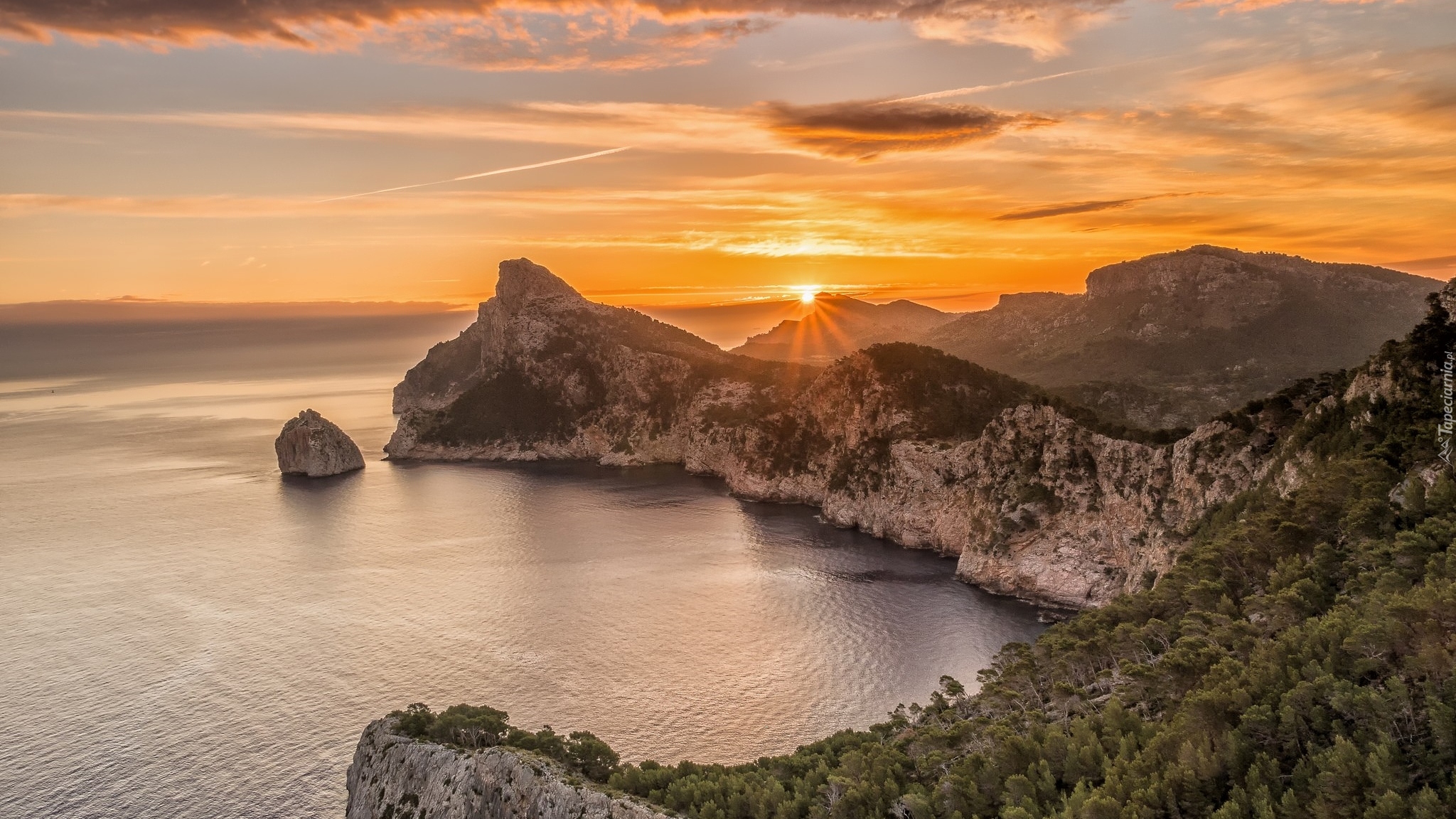 Przylądek Formentor, Wybrzeże, Góry Serra de Tramuntana, Morze, Zachód słońca, Wyspa Majorka, Hiszpania