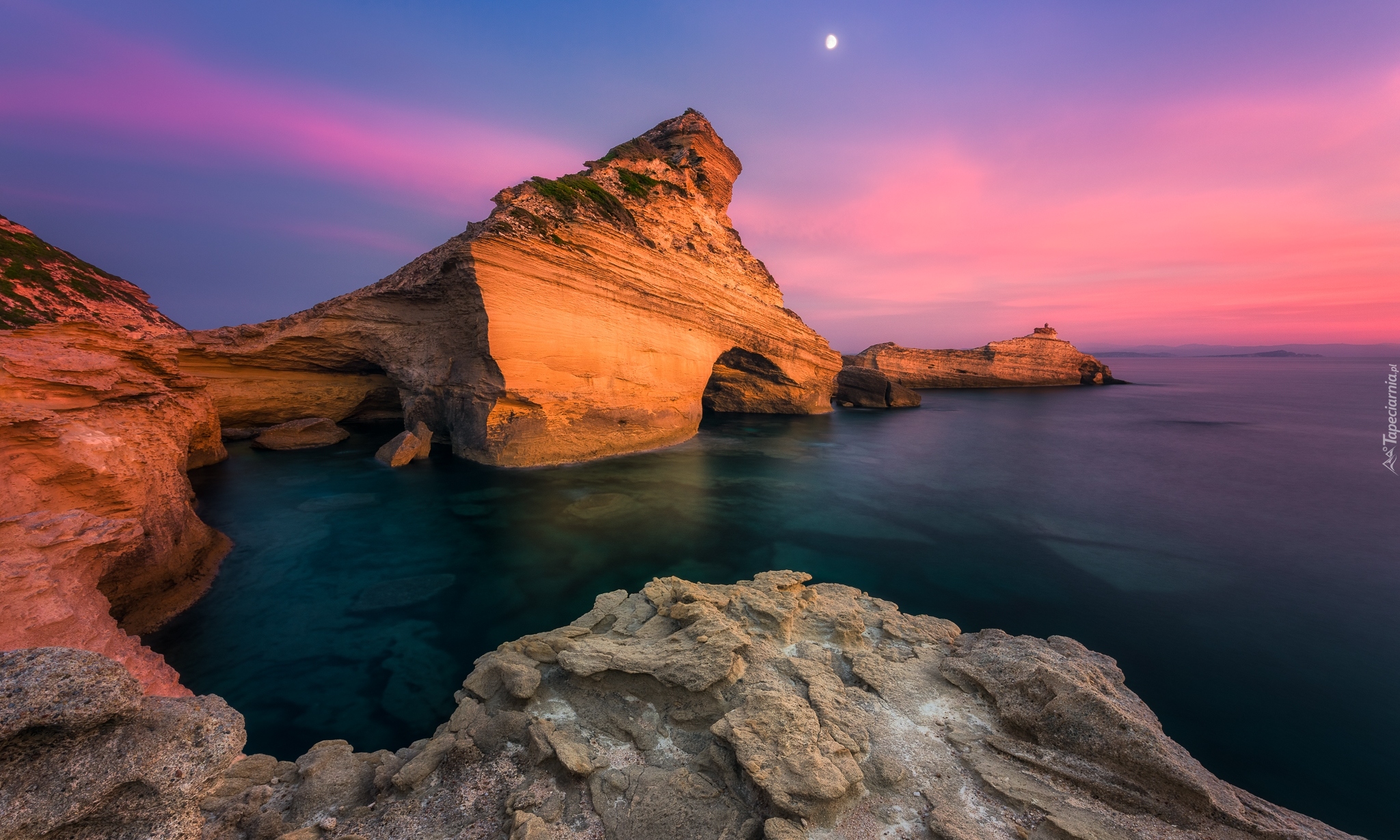 Morze, Skały, Przylądek Pertusato, Zachód słońca, Księżyc, Bonifacio, Korsyka, Francja
