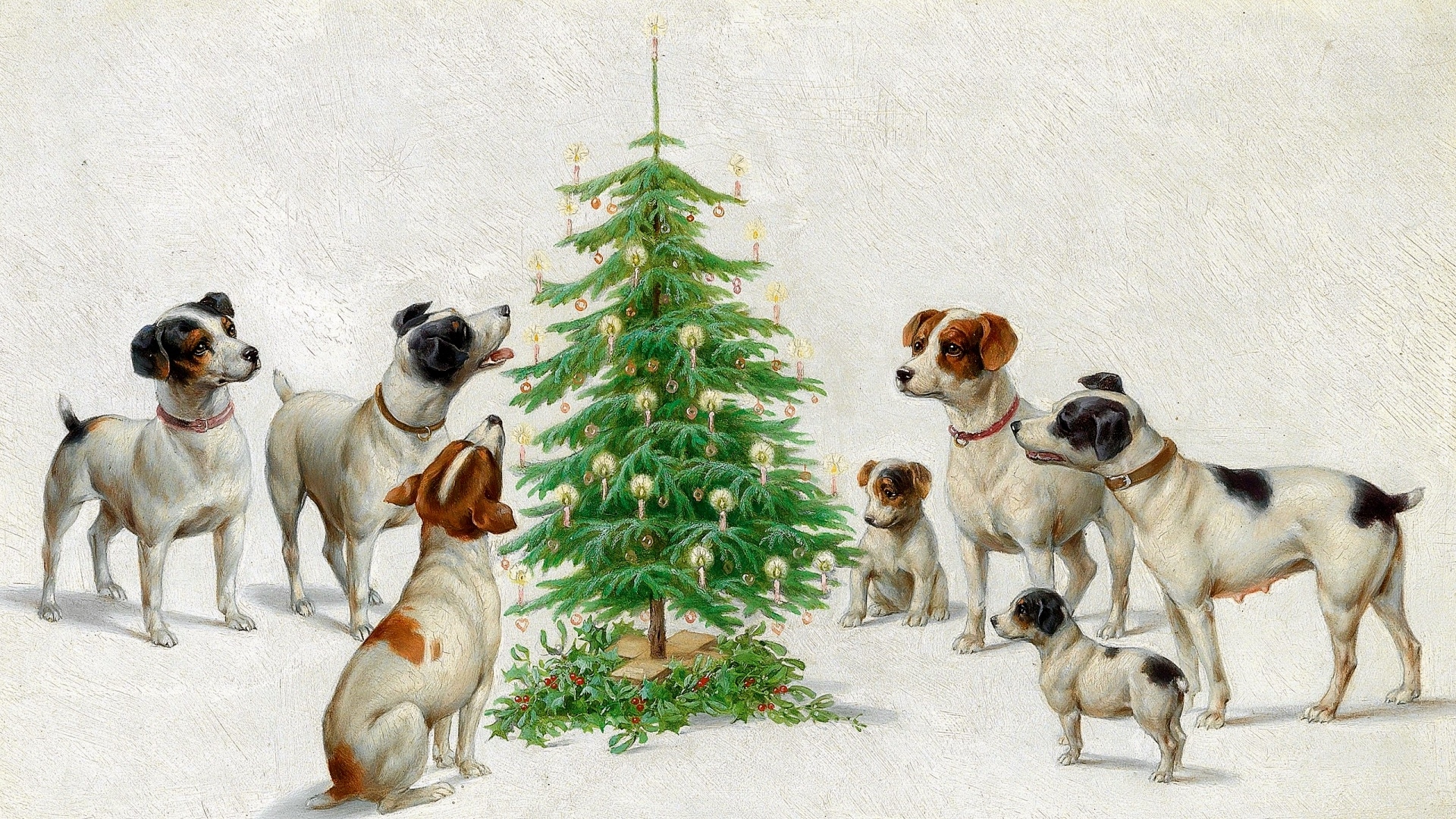 Psy, Choinka, Boże Narodzenie, Malarstwo, Obraz, Karl Reichert