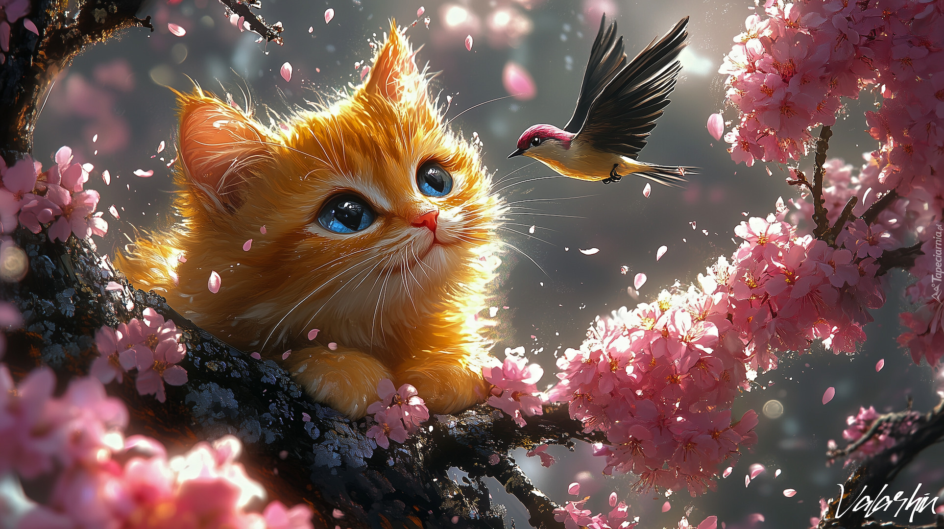 Grafika, Rudy, Kot, Ptak, Gałązka, Kwiaty, Różowe