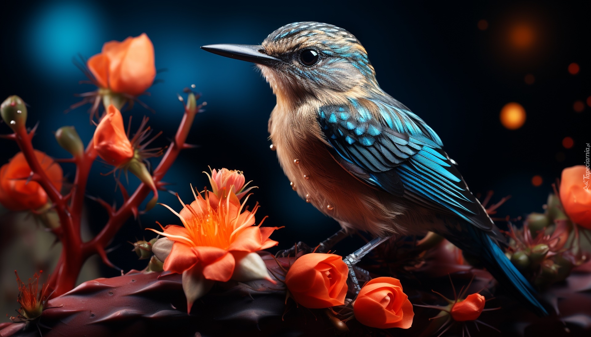 Ptak, Pomarańczowe, Kwiaty, Grafika