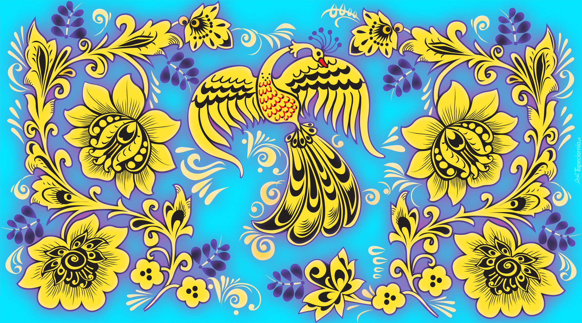 Kwiaty, Żółte, Ptak, Niebieskie tło, Tekstura