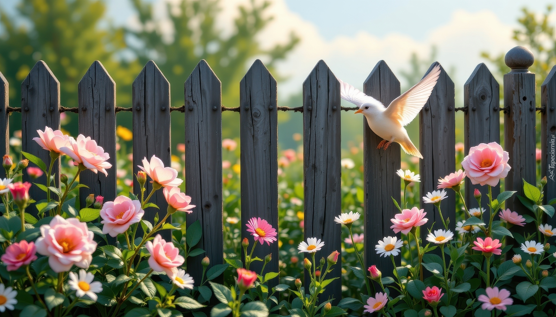 Płot, Kwiaty, Róże, Ptak