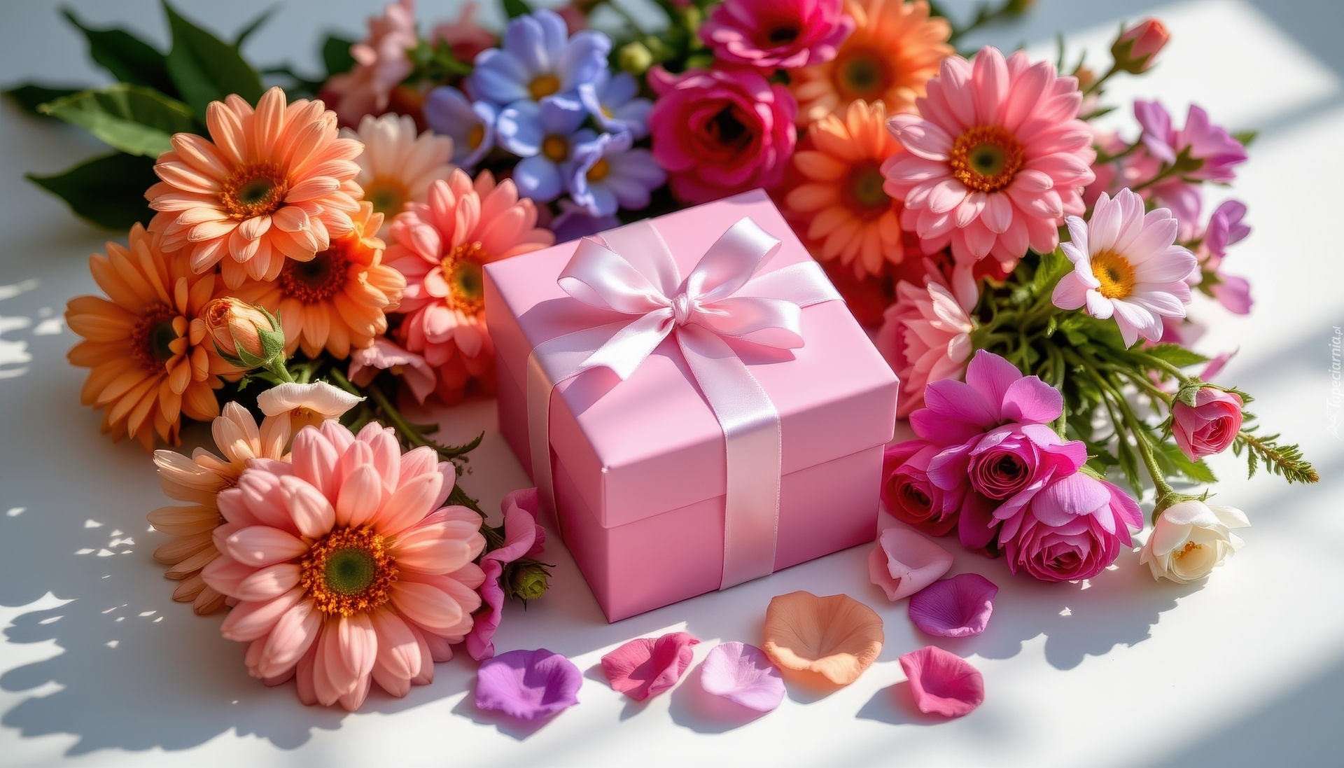 Kolorowe, Kwiaty, Płatki, Pudełko, Prezent, Kokarda