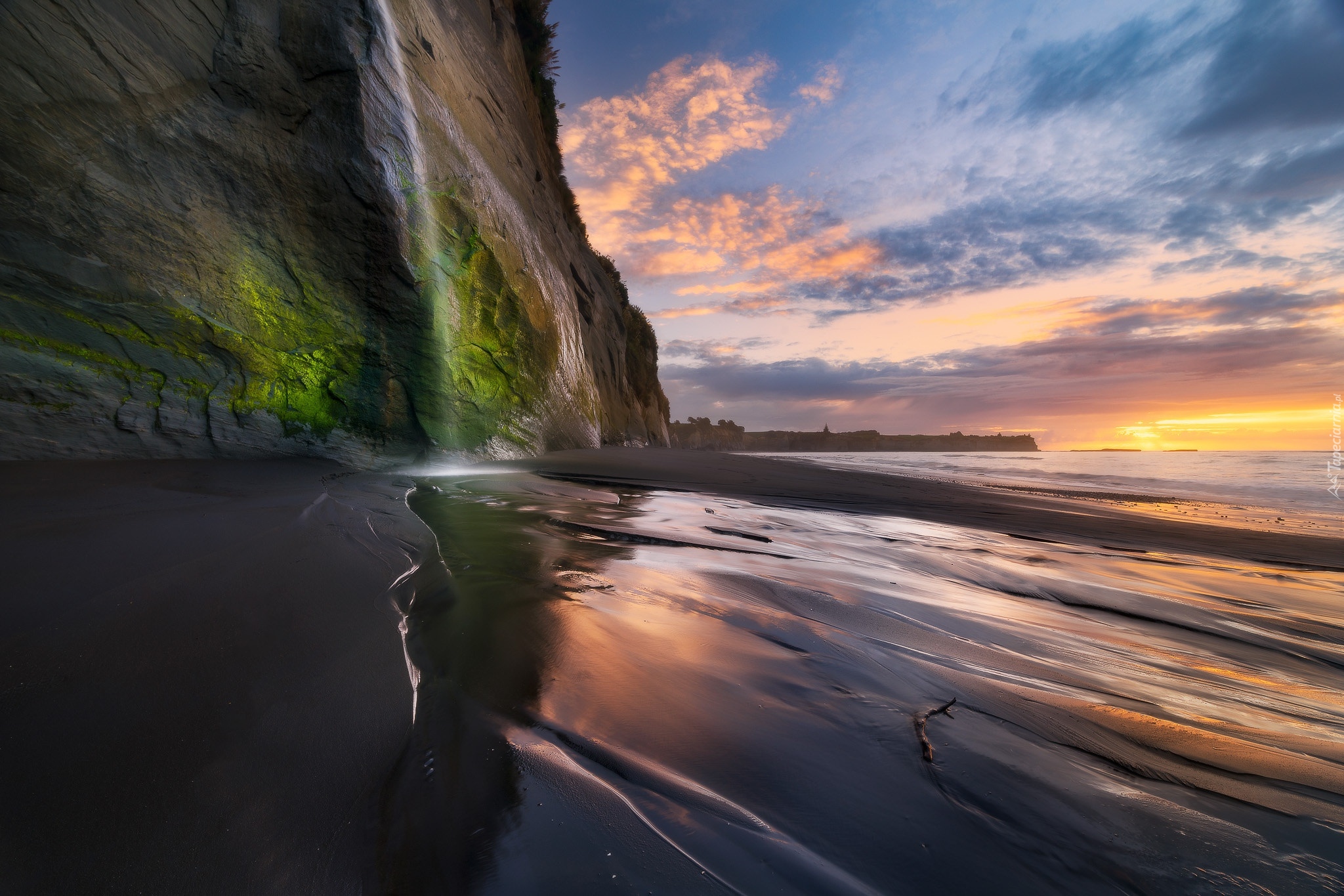Zachód słońca, Klif, Morze, White Cliffs Walkway, Region Taranaki, Nowa Zelandia