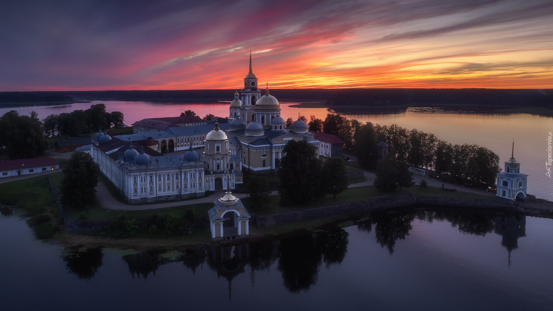 Wyspa, Stolobny, Jezioro Seliger, Klasztor, Pustelnia Niłowo-Stołobieńska, Drzewa, Zachód, Słońca, Rosja