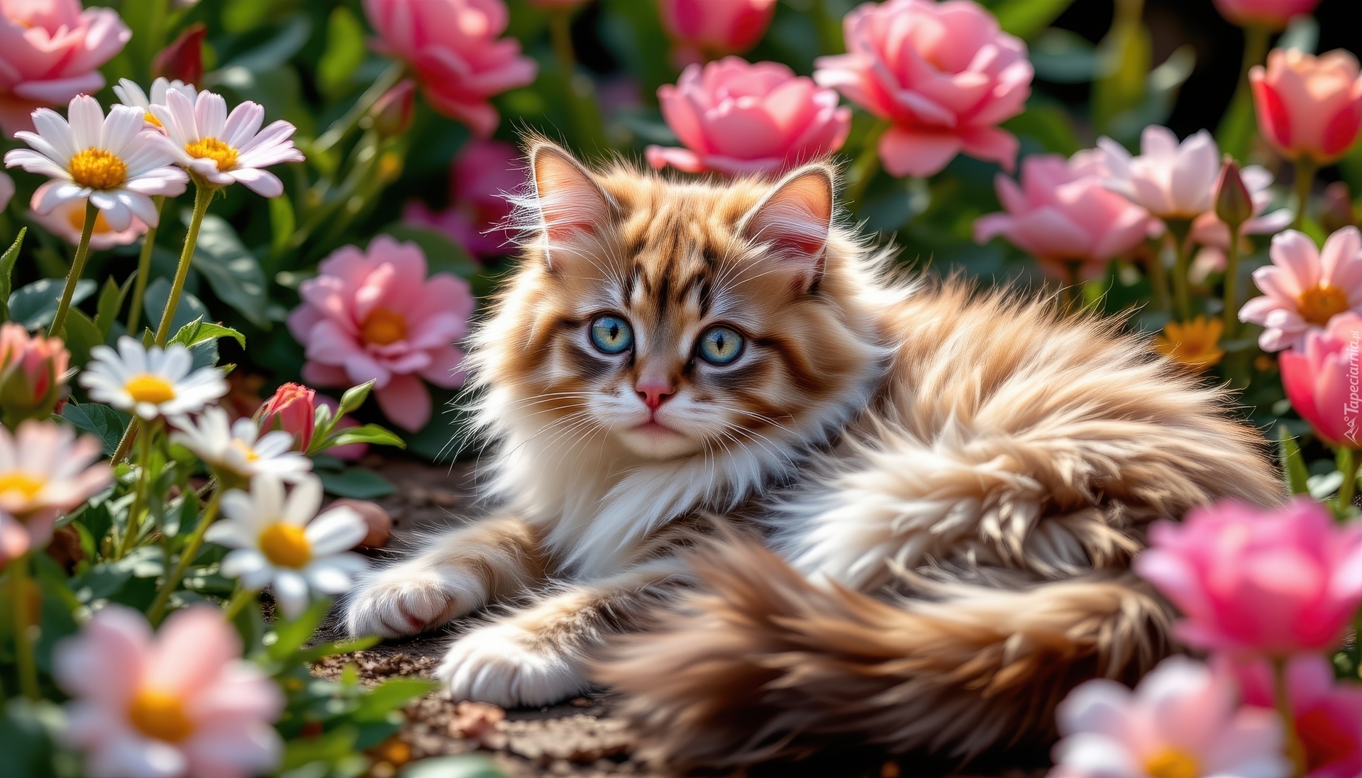 Leżący, Kot, Kwiaty, Róże