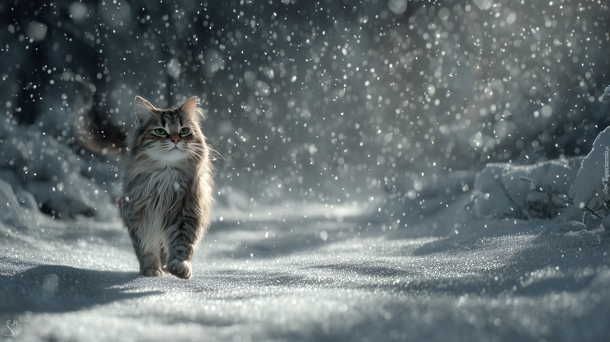 Kot, Śnieg, Grafika AI, Zima