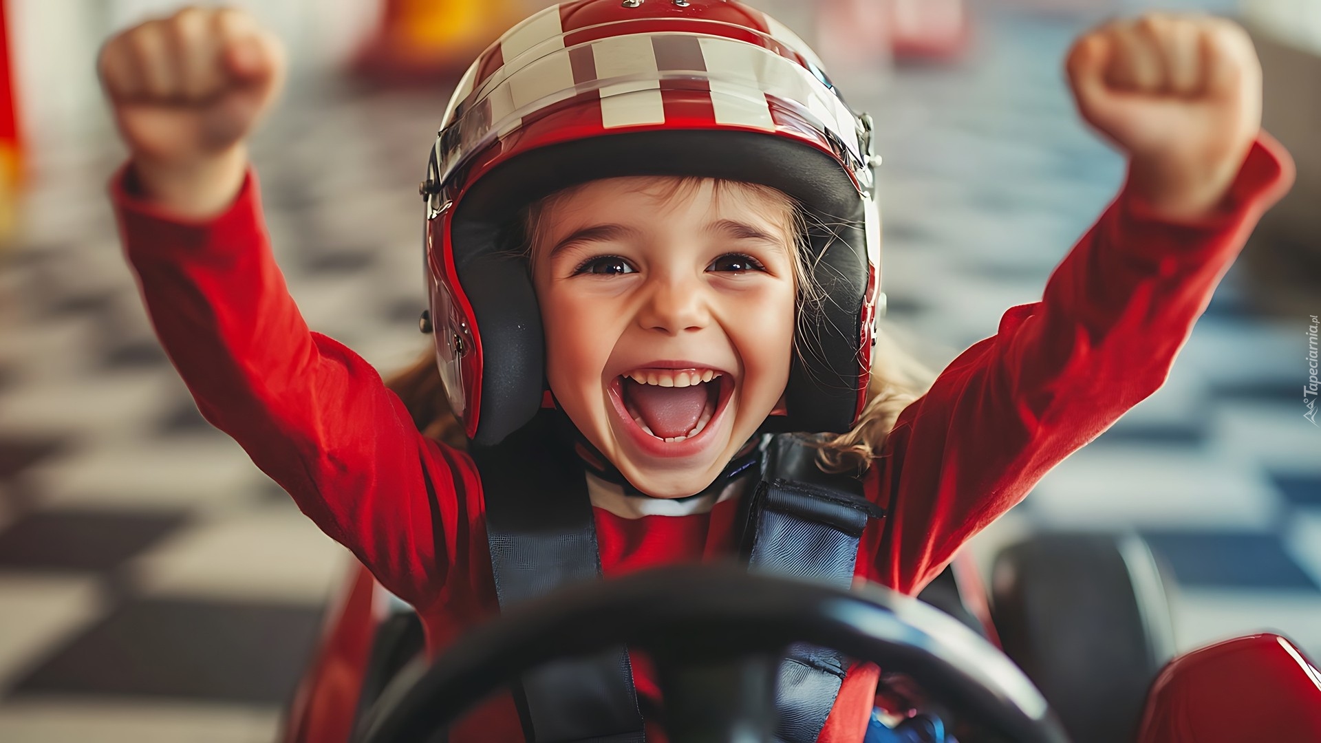 Dziecko, Radość, Uniesione, Ręce, Kask, Kierownica