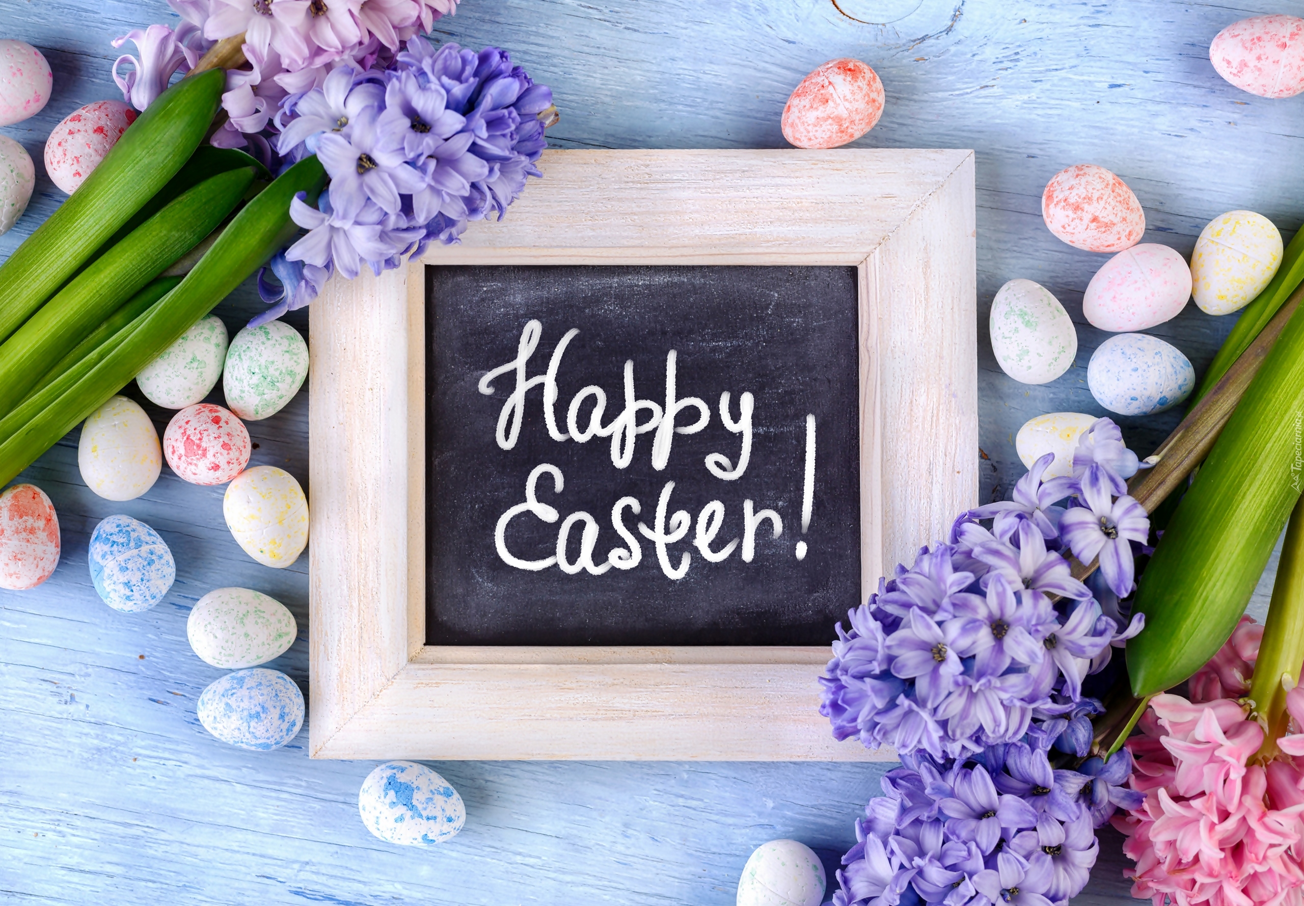 Wielkanoc, Kwiaty, Hiacynty, Pisanki, Tabliczka, Napis, Happy Easter
