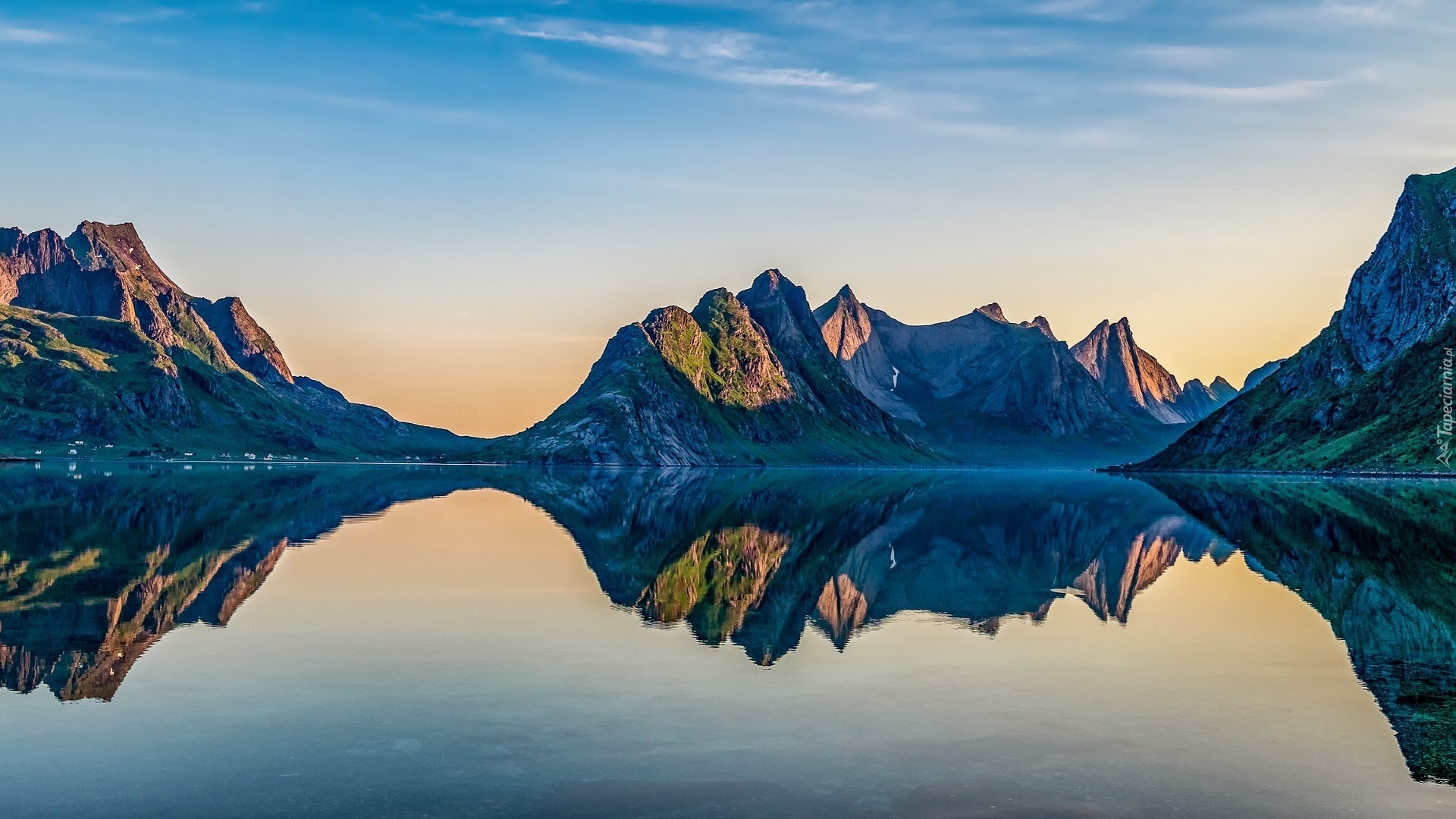 Poranek, Góry, Jezioro, Odbicie, Reinefjorden, Lofoty, Norwegia